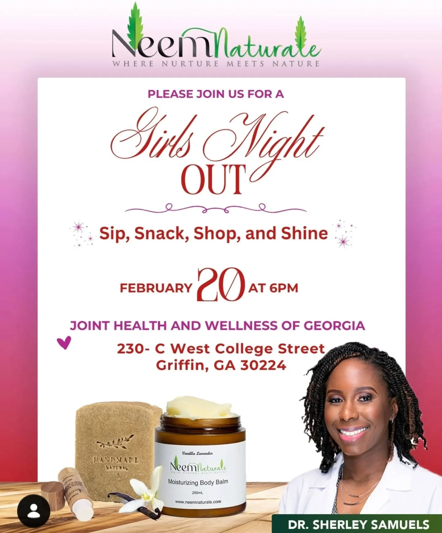 Join us Today! For a luxe Girls' Night Out featuring light bites and flavorful refreshments and boutique shopping.

We will have our best selling products: Moisturizing Body Balm, handmade soap &amp; more!

Tag your friend a join us!

www.neemnatural