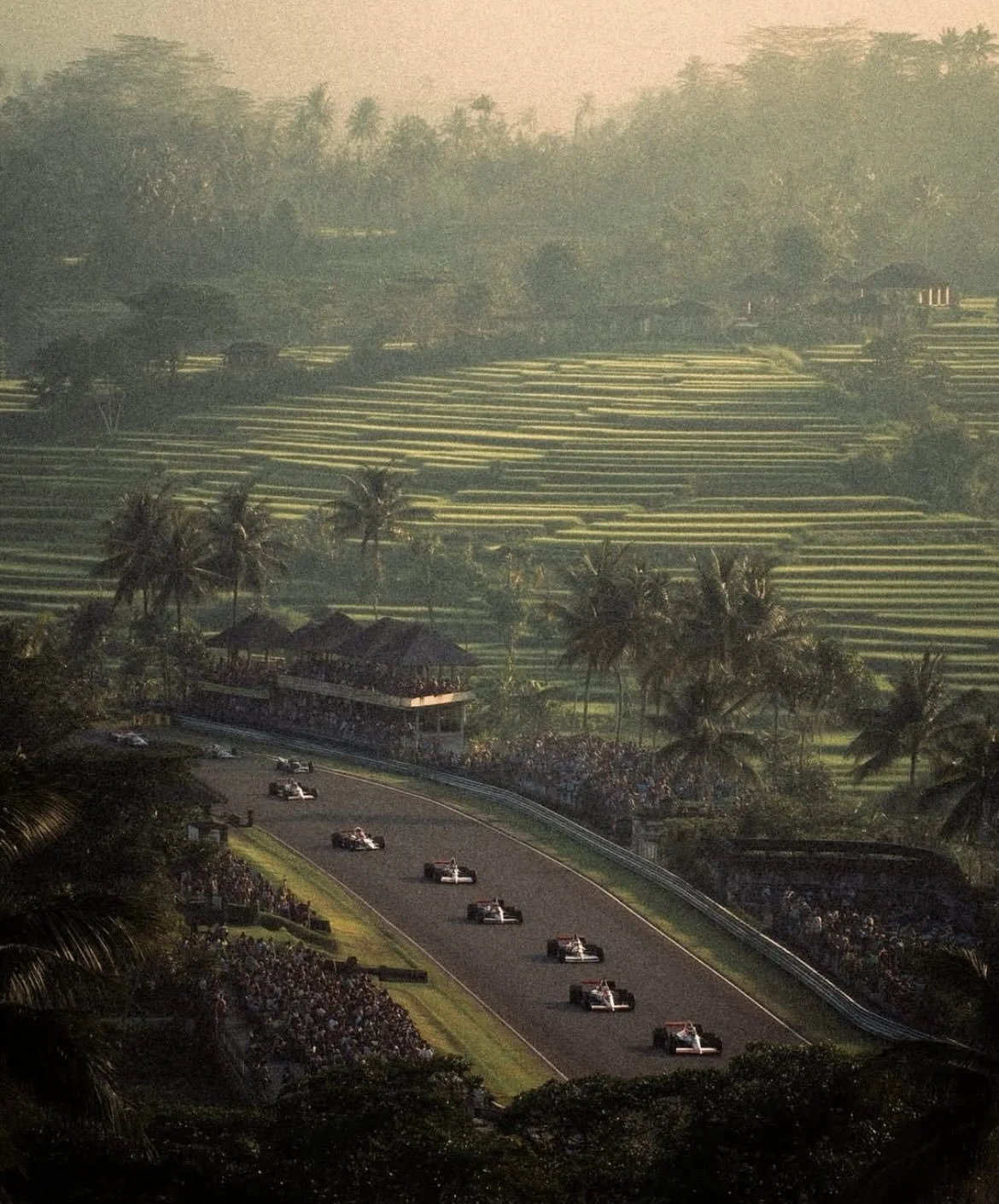 A race track with several Formula 1 cars racing, surrounded by a large crowd of spectators and lush tropical trees and rice terraces in the background under a hazy sky.