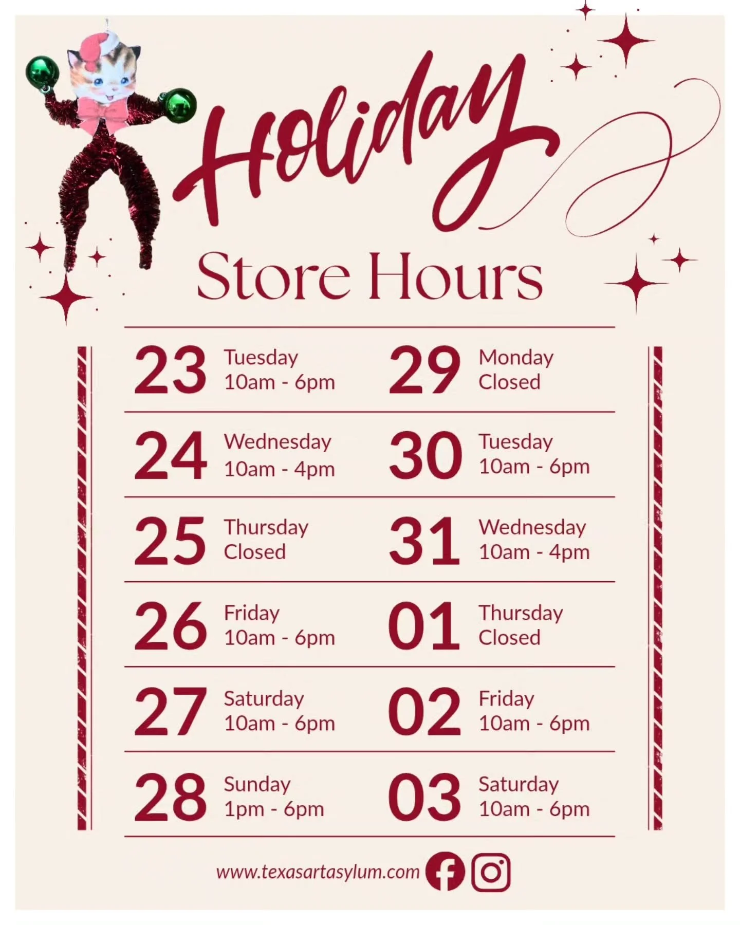 Check out our Holiday hours if you need last minute craft supplies or something to do while family is in town. Thank you to everyone who made 2025 a blast and look forward to seeing yall in 2026!