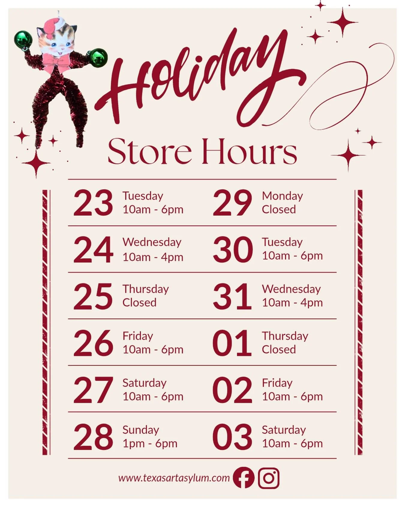 Holiday hours for tomorrow (closing at 4p) and Thursday (closed all day)!