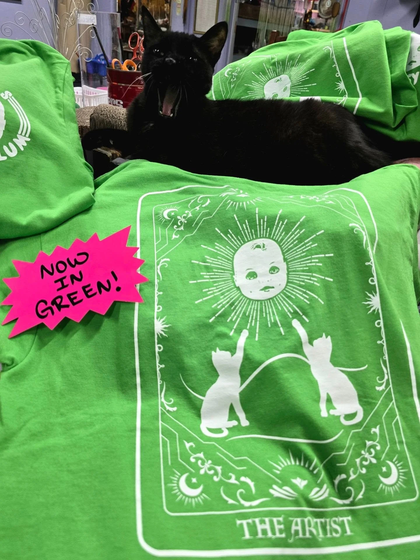 Johnny is excited to announce our Texas Art Asylum tarot card shirts are now available in green!  Sizes small to 3xl available for $25 each.