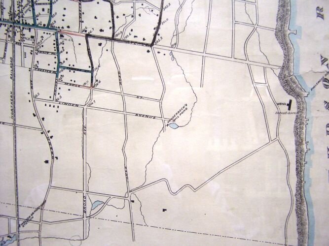  In 1876, a pond (later known as Macfadden's Pond) created by damming Flat Rock Brook, first appears on a map. 