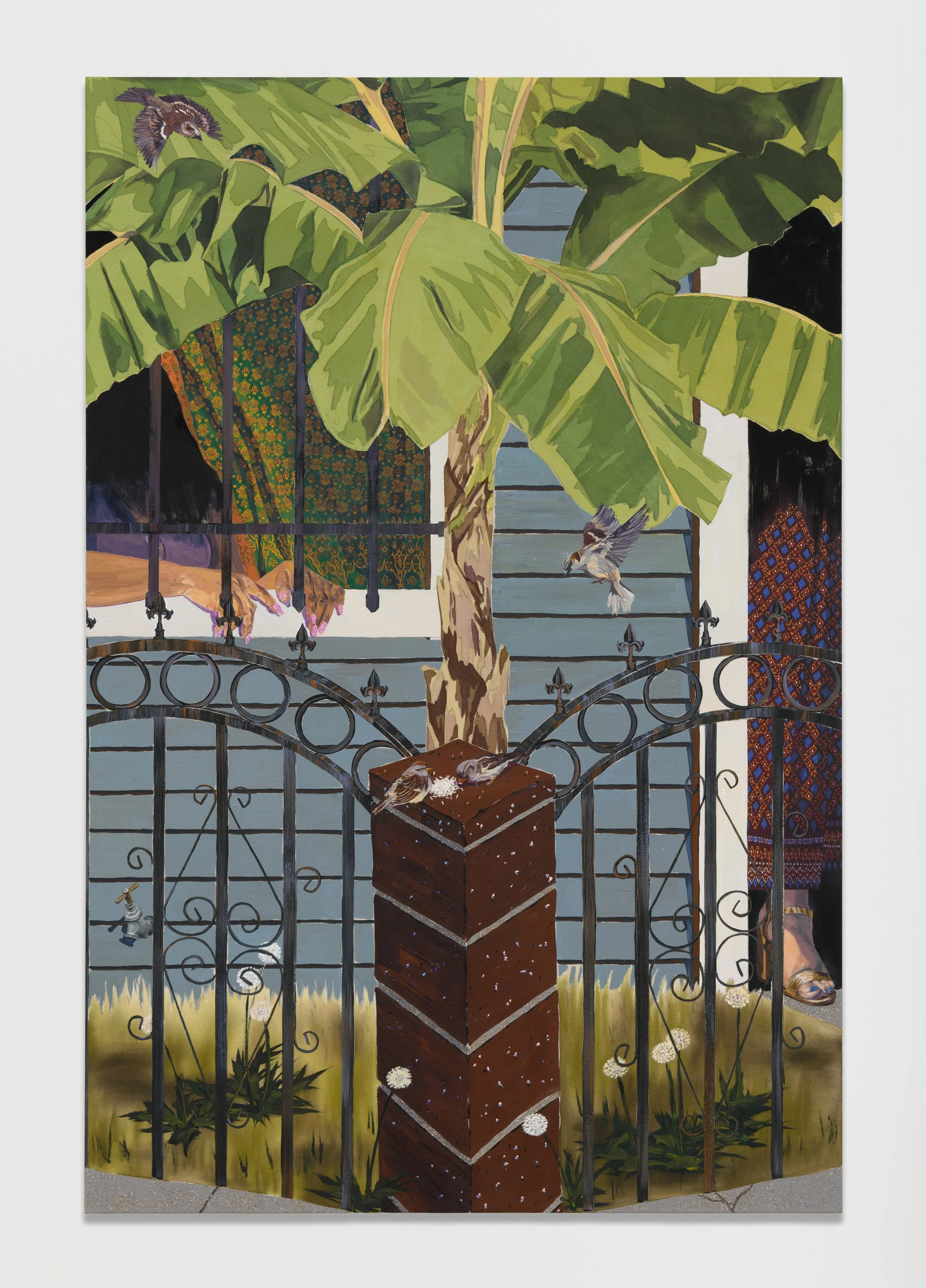 Birds By the Window, 72 x 48 in (182.88 x 121.92 cm), glitter, acrylic, and oil on canvas