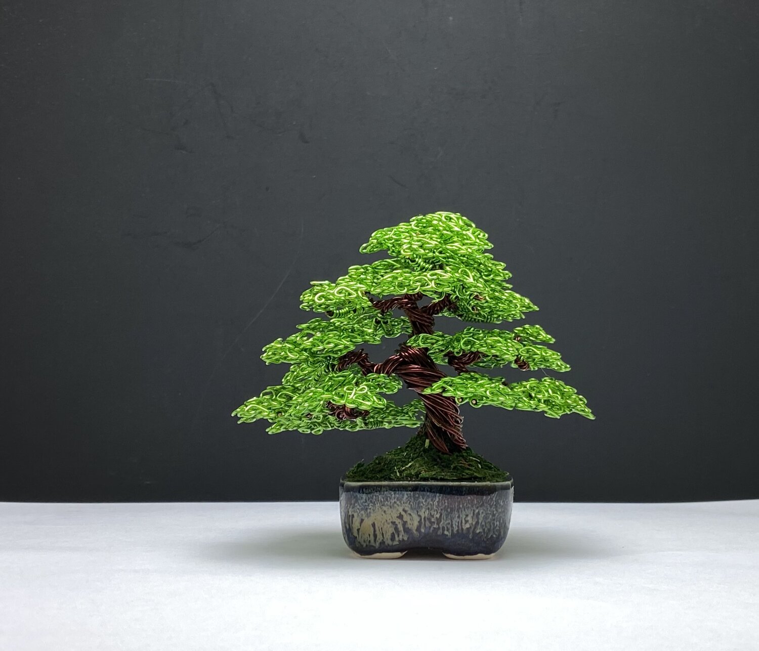 Green Informal Upright Mame Wire Bonsai Tree Sculpture by Ken To 