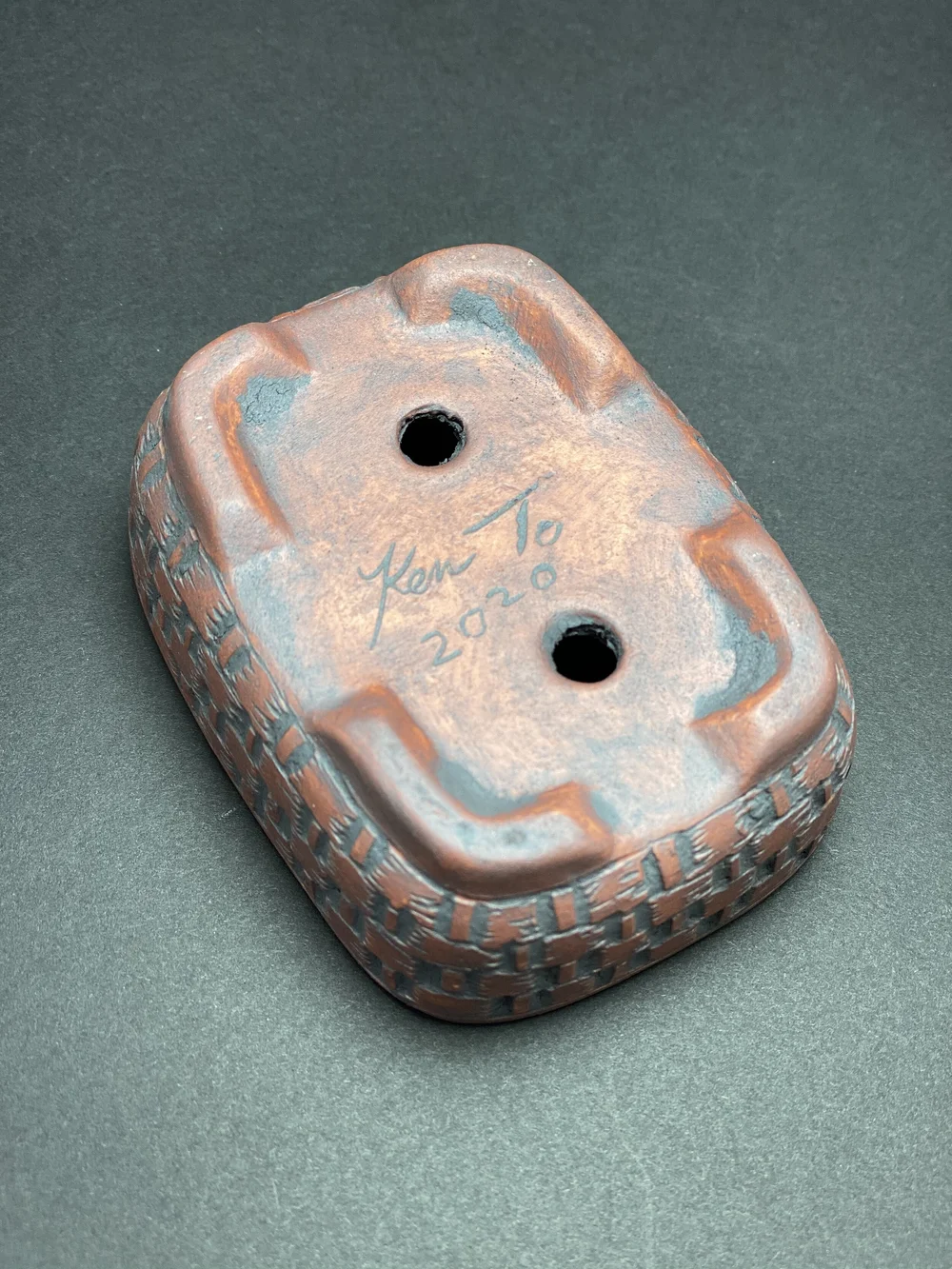 Rectangle Oxide Mame Bonsai Pot with Hand Carved Basket