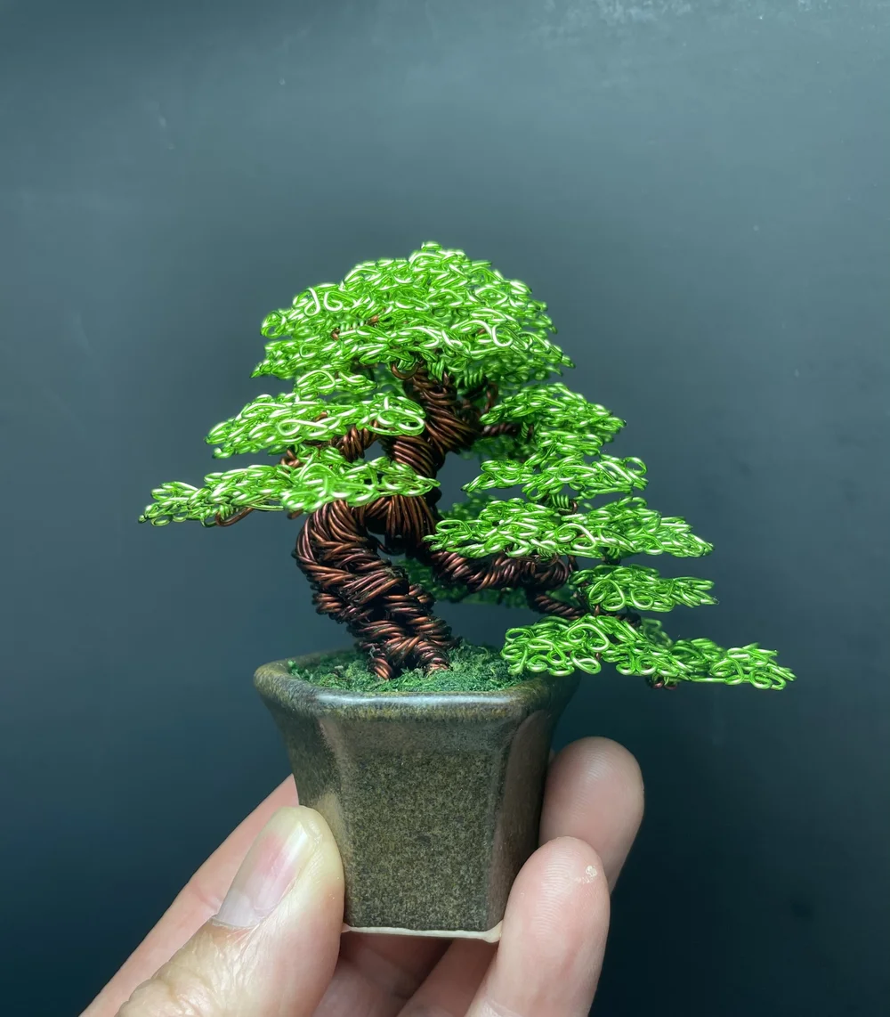 Green Semi Cascade Mame Wire Bonsai Tree Sculpture  NANOBONSAI