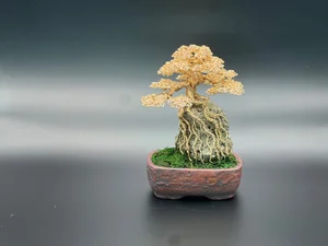 Gold Root Over Rock Wire Bonsai Tree Sculpture by Ken To
