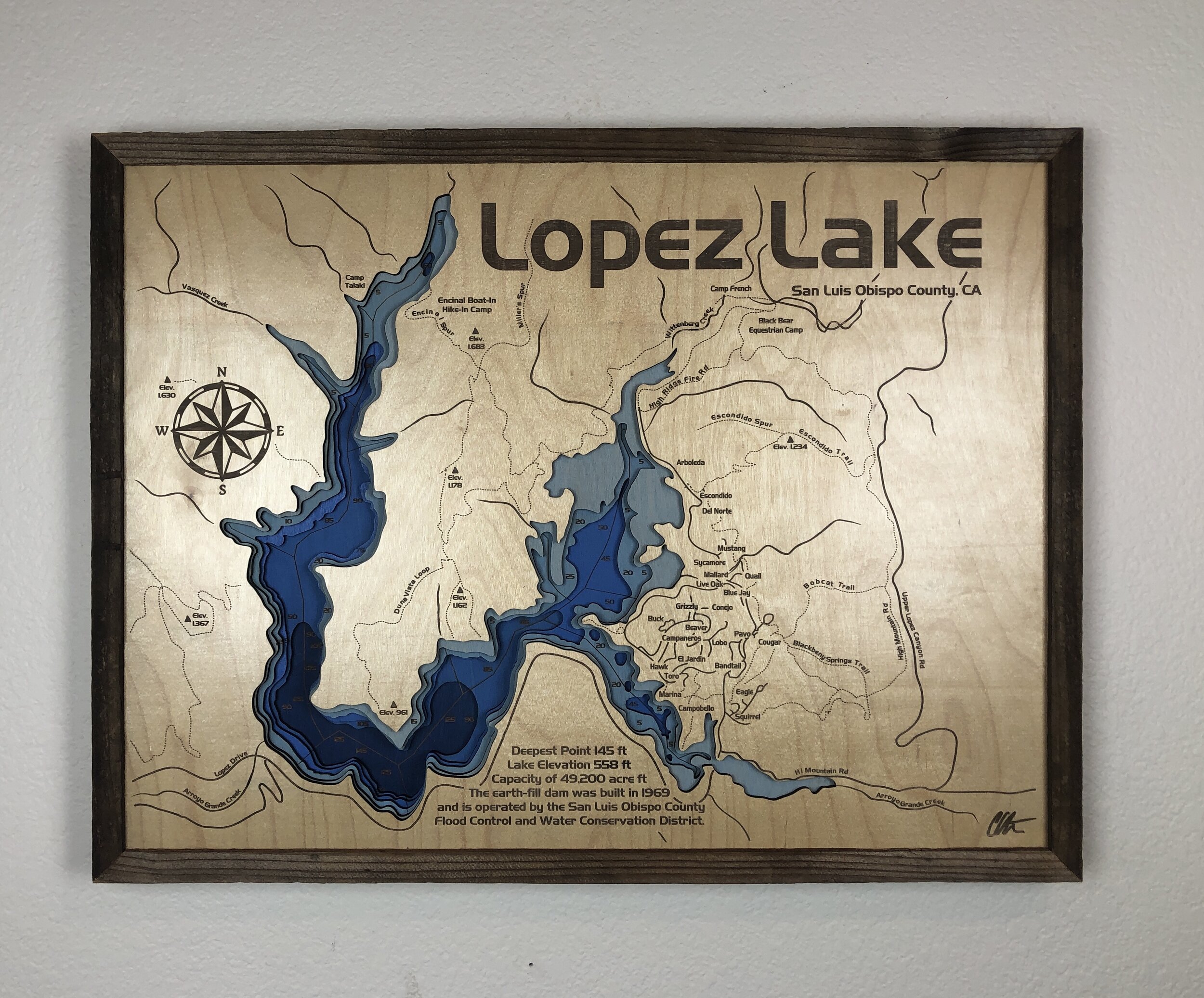 Lopez Lake 3D Map. 6 Layers Thick Baltic Birch Wood