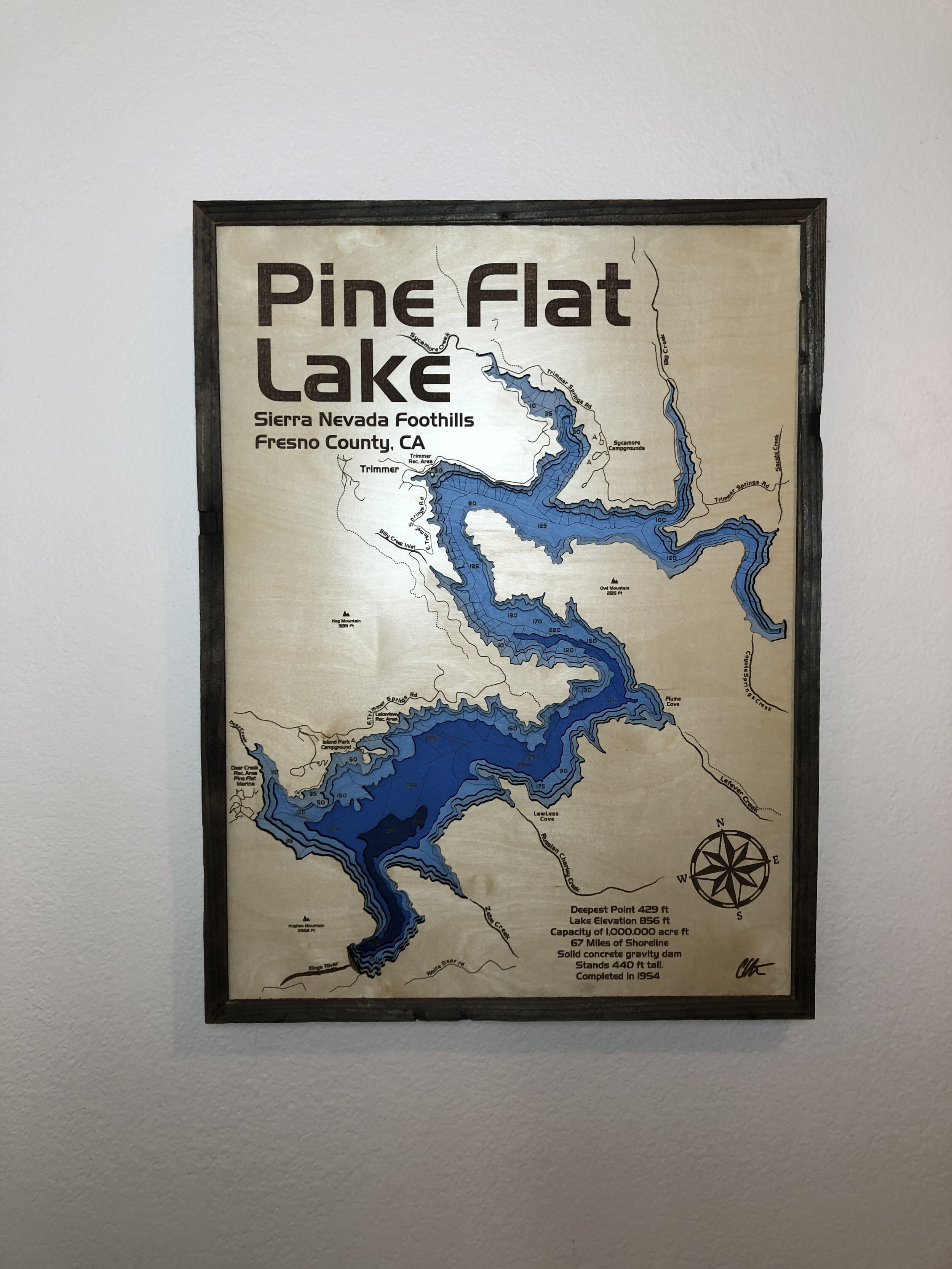 Pine Flat Lake 3D Wood Map, 6 Layers Thick 