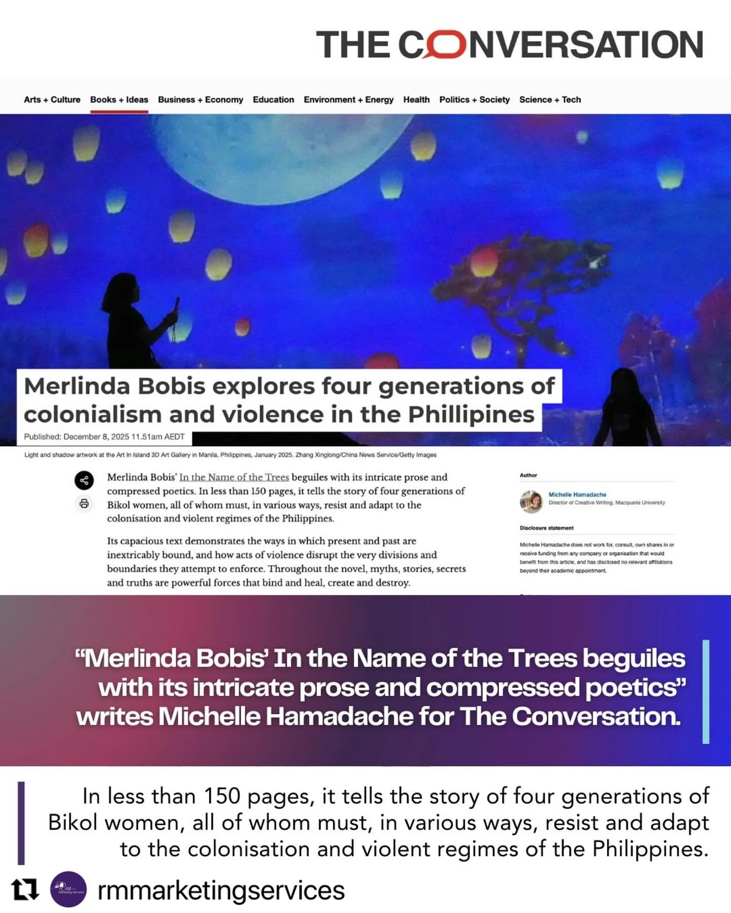 Repost via @rmmarketingservices 
・・・
It&rsquo;s always exciting when a book you are publicising gets picked up by the Books &amp; Ideas team at The Conversation. In this case it&rsquo;s the new book by Merlinda Bobis - In the Name of the Trees - whic