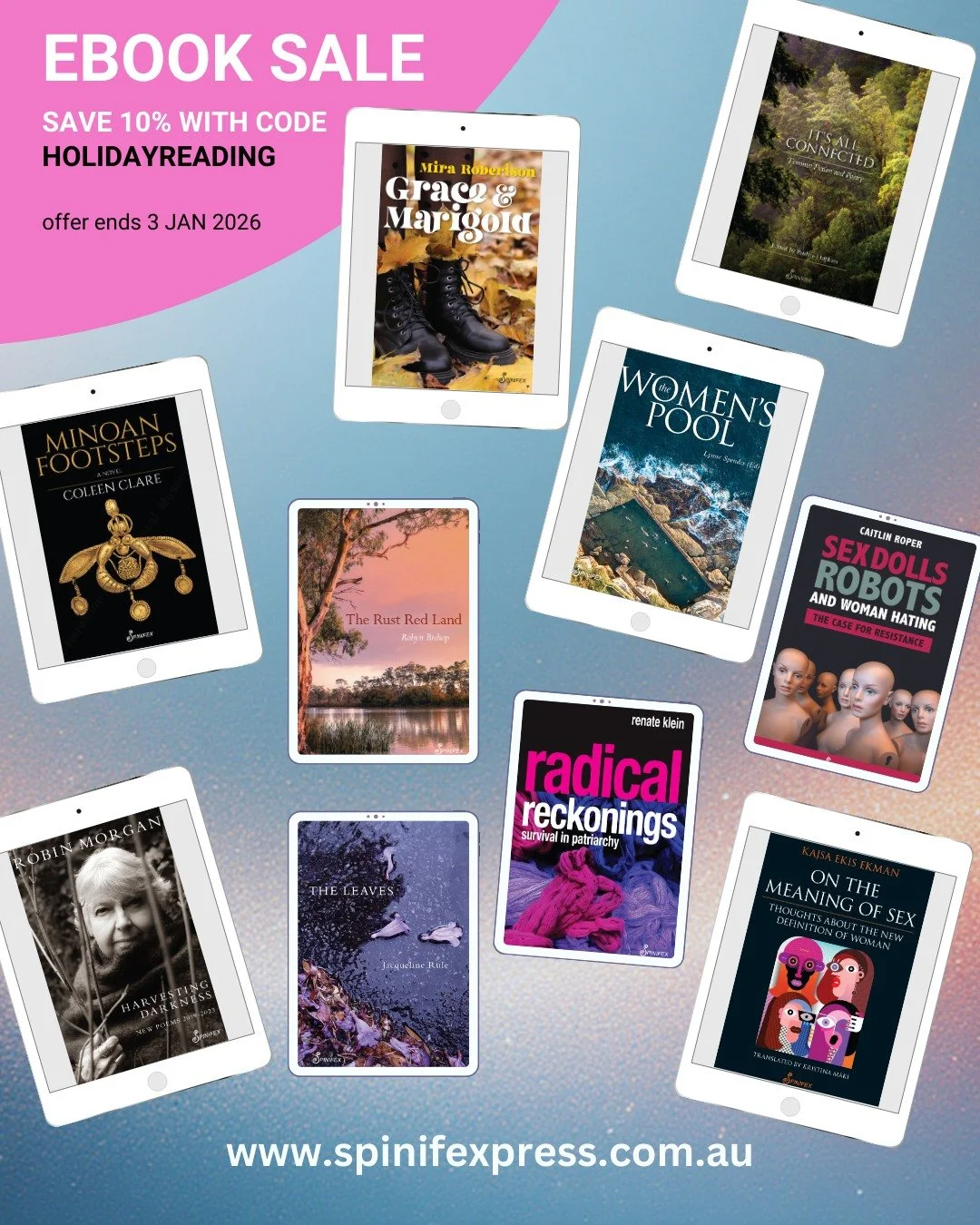 Special eBook sale! Use the code HOLIDAYREADING for an additional 10% off all ebooks in the Spinifex eBook Store, including those already discounted.

You can find them at the link in our bio.

#SpinifexPress #booksale #bookstagram #sale