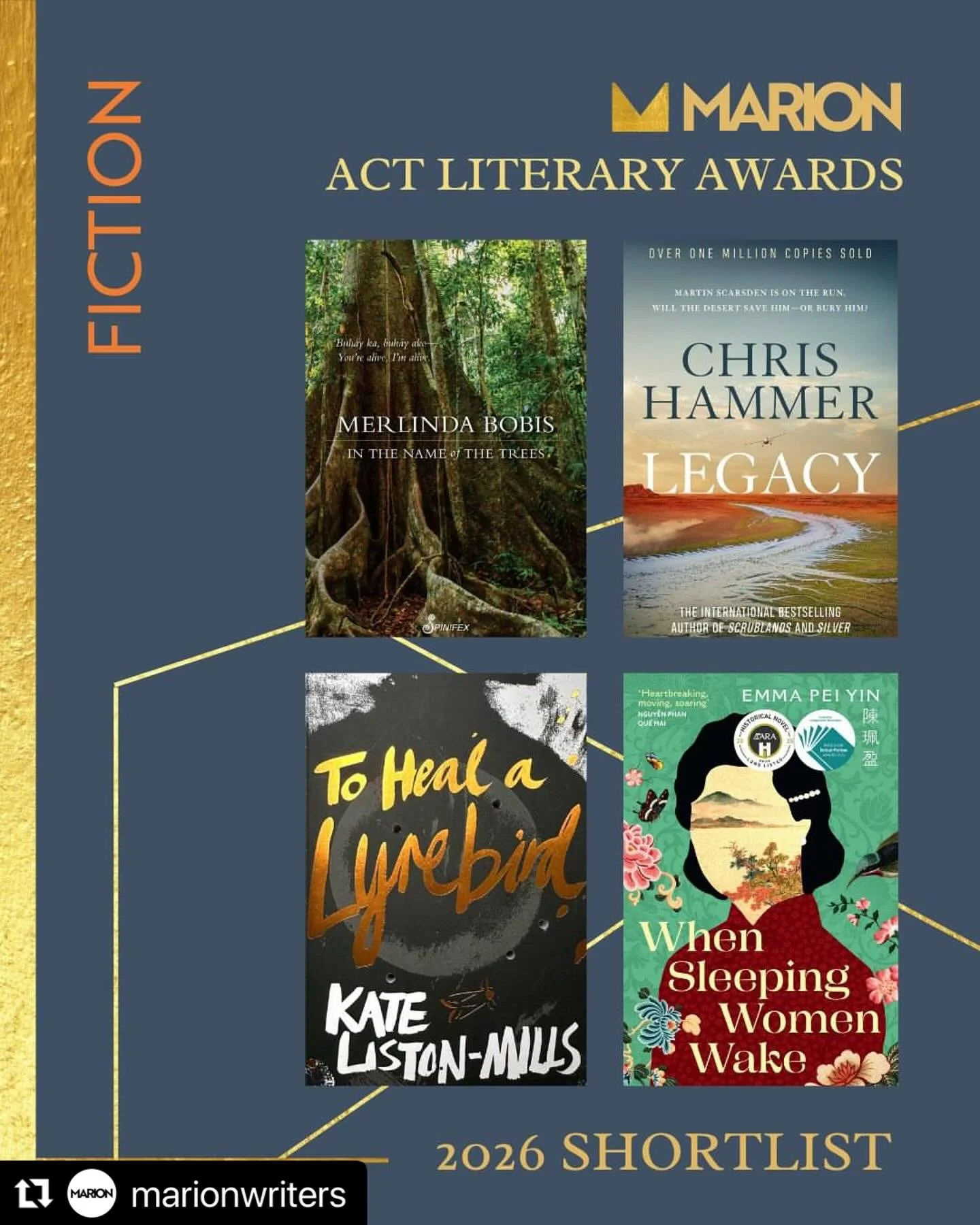 Repost via @marionwriters 
・・・
We&rsquo;re delighted to announce the 2026 ACT Literary Awards shortlist for Fiction!

📚 The shortlisted authors are:
Merlinda Bobis
Chris Hammer
Kate Liston-Mills
Emma Pei Yin 

Winners will be announced at the ACT Li