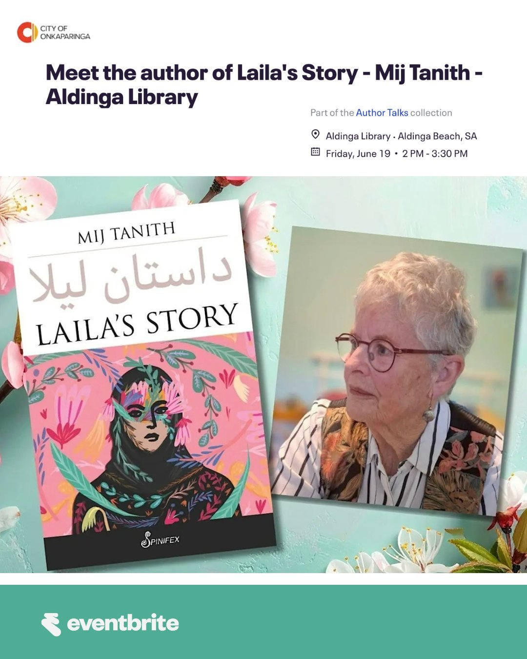 Meet the author of Laila's Story - Mij Tanith - Aldinga Library

Friday 19 June, 2pm &ndash; 3.30pm
Aldinga Library, Aldinga Beach, SA

Join acclaimed author @mijtanith as she shares the inspiration and journey behind her powerful new novel, Laila&rs