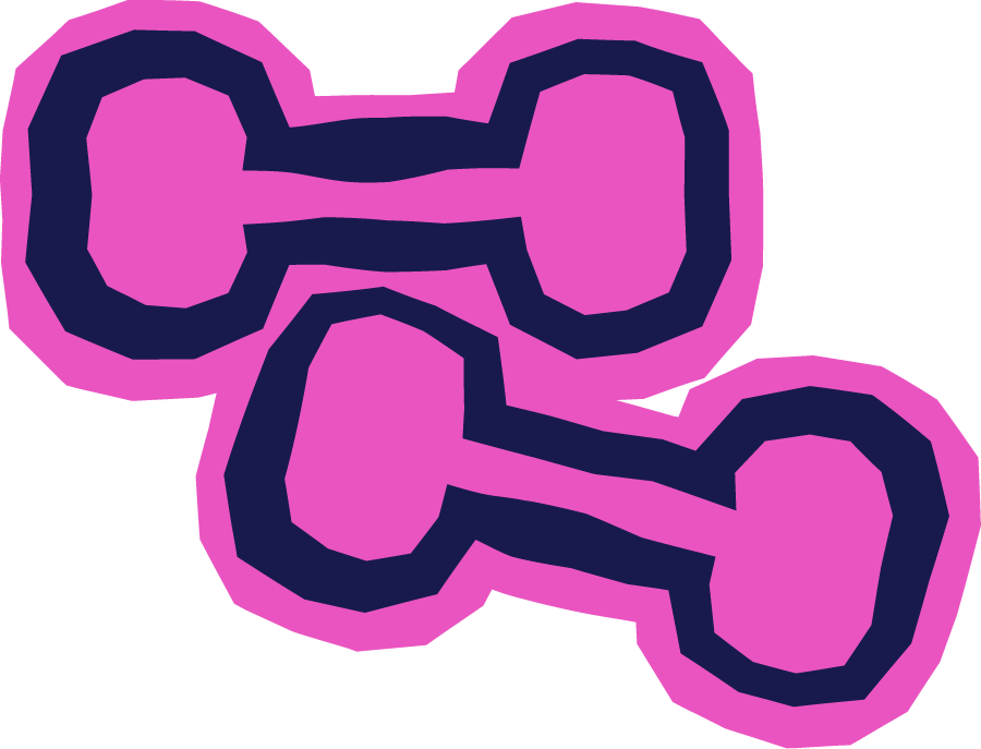 A stylized illustration of a double-sided dumbbell with pink and dark navy blue colors, outlined with a pink border.