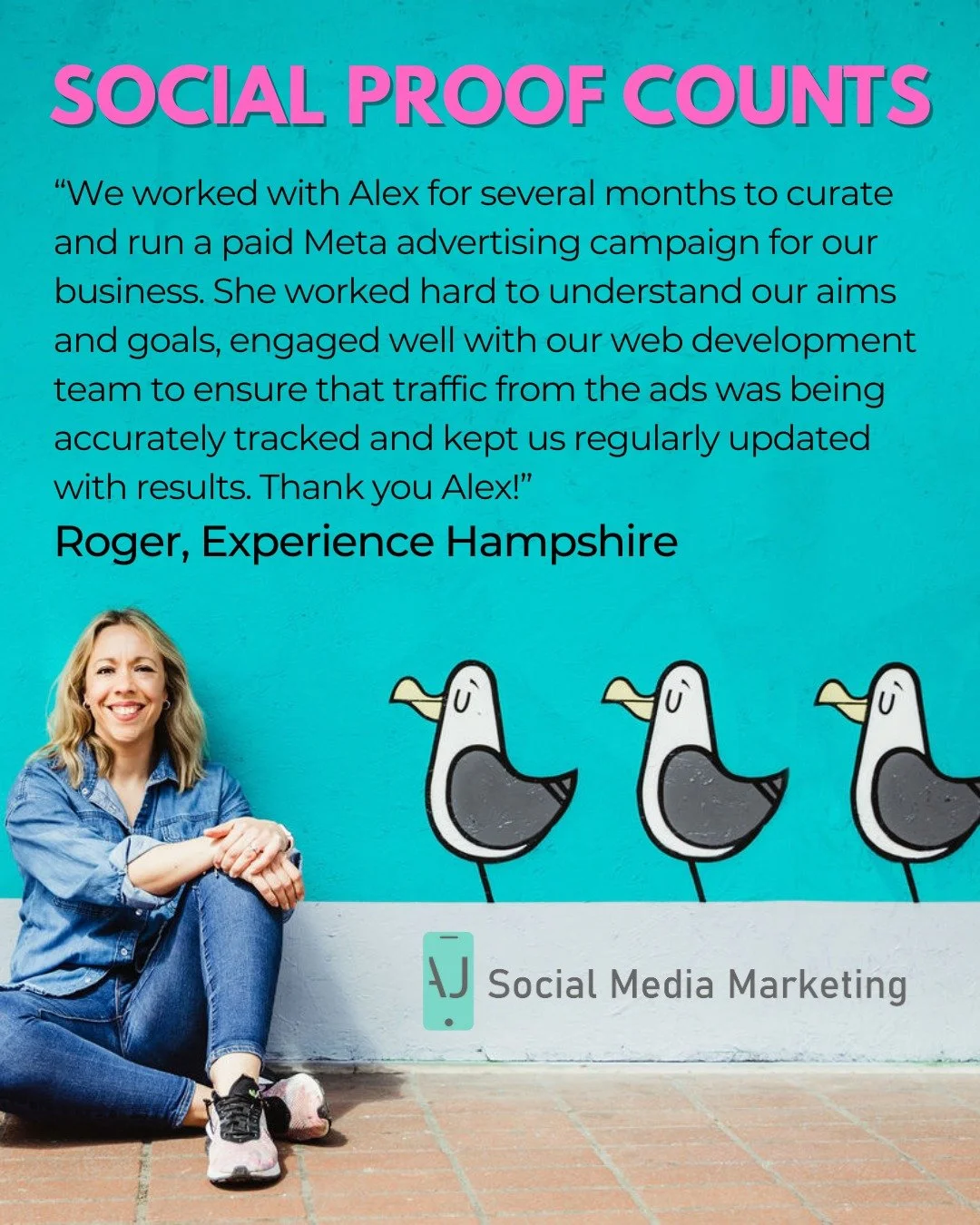 Social Proof Counts!

&ldquo;We worked with Alex for several months to curate and run a paid Meta advertising campaign for our business. She worked hard to understand our aims and goals, engaged well with our web development team to ensure that traff