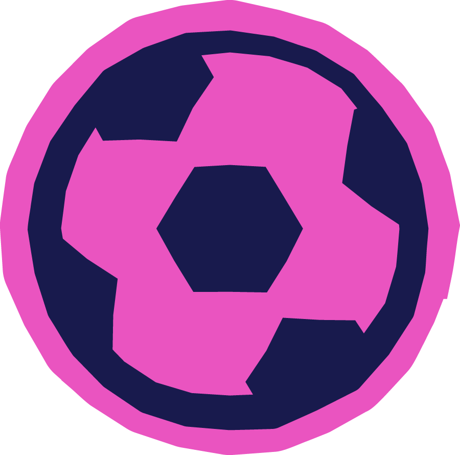 A stylized digital illustration of a soccer ball in pink and dark blue colors.