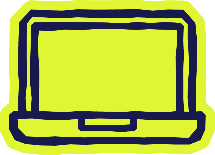 A stylized drawing of a large yellow computer monitor with a dark navy frame.