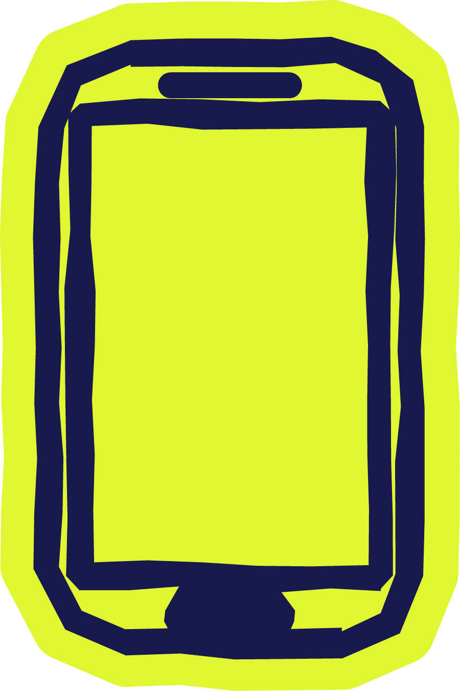 A graphic illustration of a neon yellow and navy blue backpack with abstract shapes and lines.