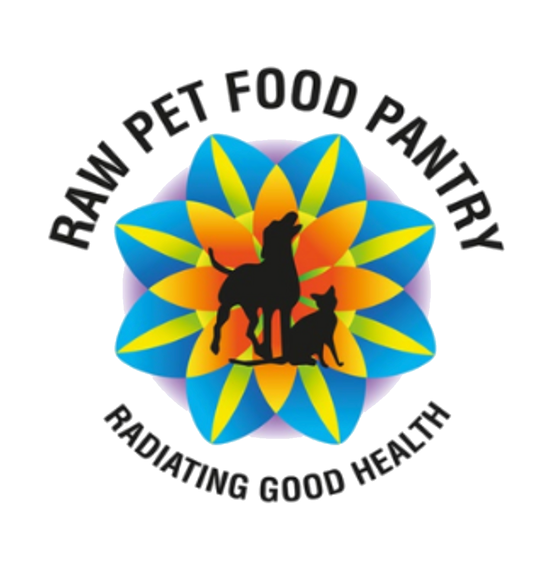 Colorful logo with a flower and silhouettes of a dog and a cat in black. Text reads "Raww Pet Food Pantry" at the top and "Radiating Good Health" at the bottom.