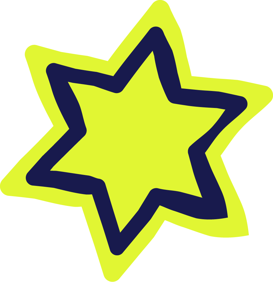 Bright yellow star with a dark blue outline and an inner dark blue star.
