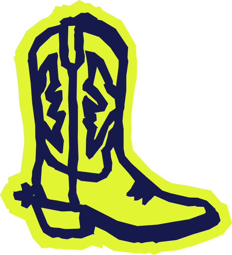 Outline drawing of a cowboy boot in black and yellow.