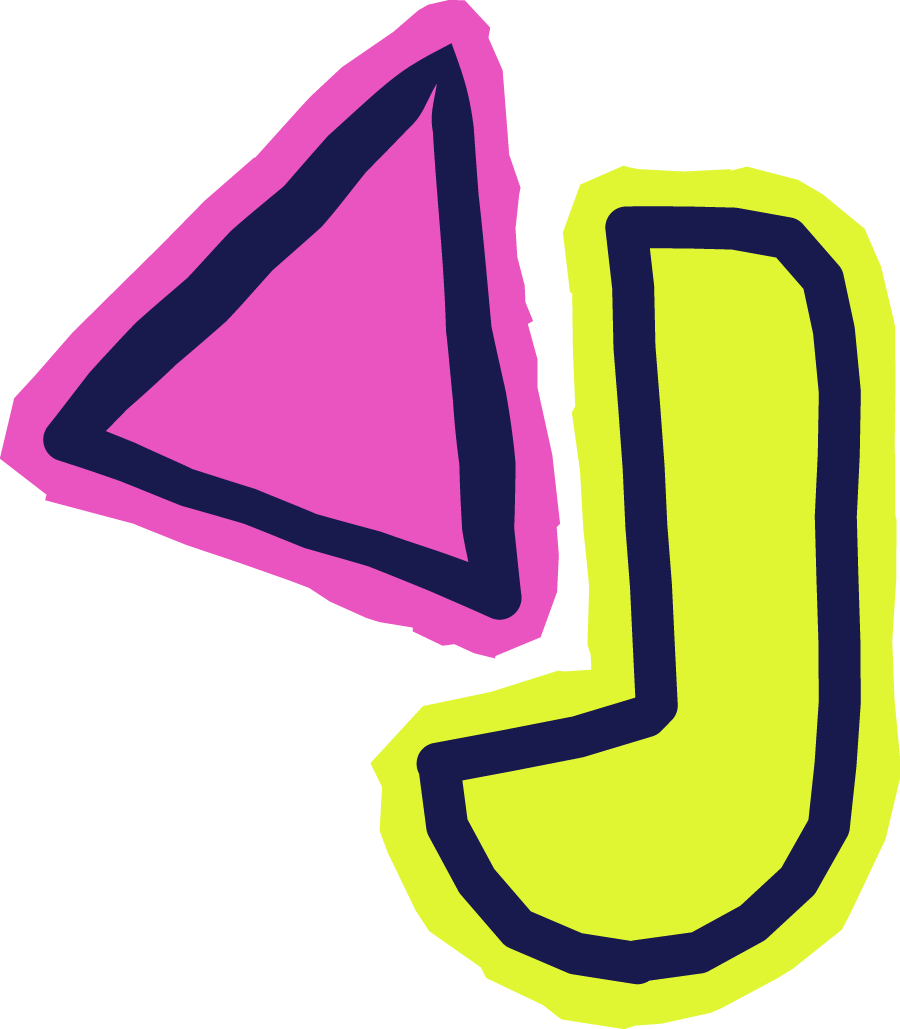 Colorful abstract illustration of a pink triangle and a yellow shape with dark blue outlines.