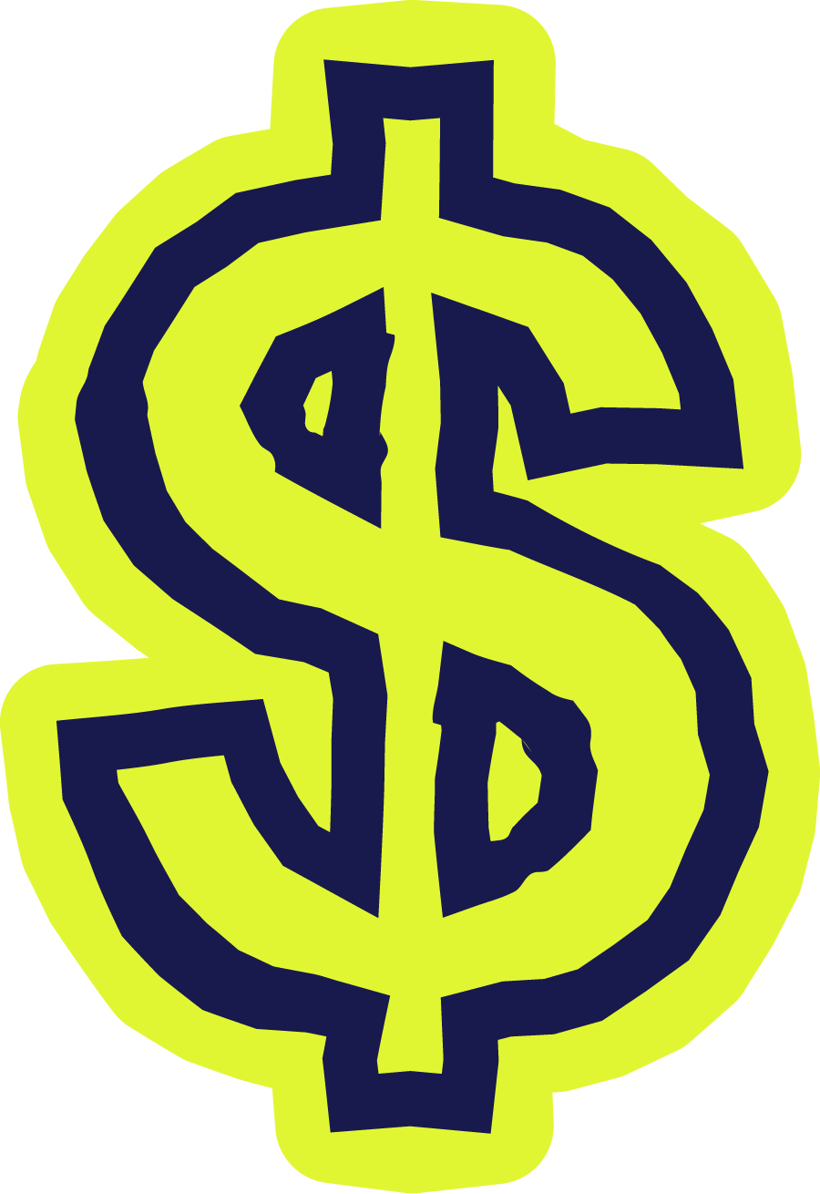 A stylized dollar sign in dark blue outlined with a bright yellow border.