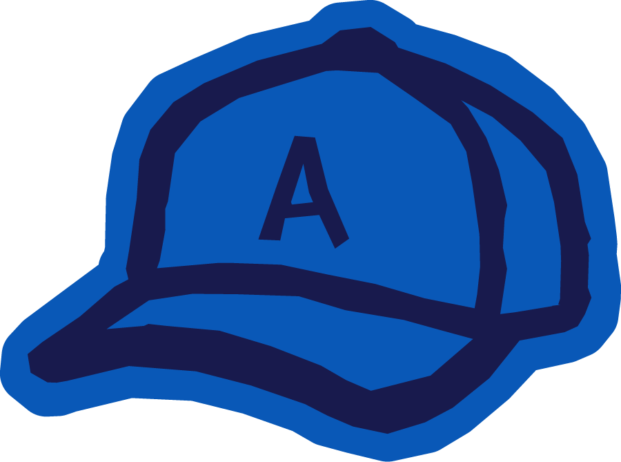 Blue baseball cap with a large letter 'A' on the front.