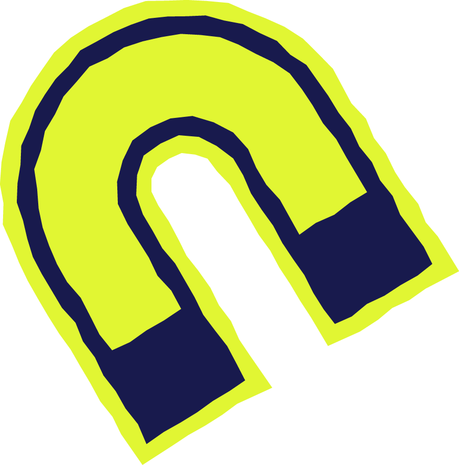 A stylized illustration of a horseshoe magnet with a yellow outline and navy blue ends.