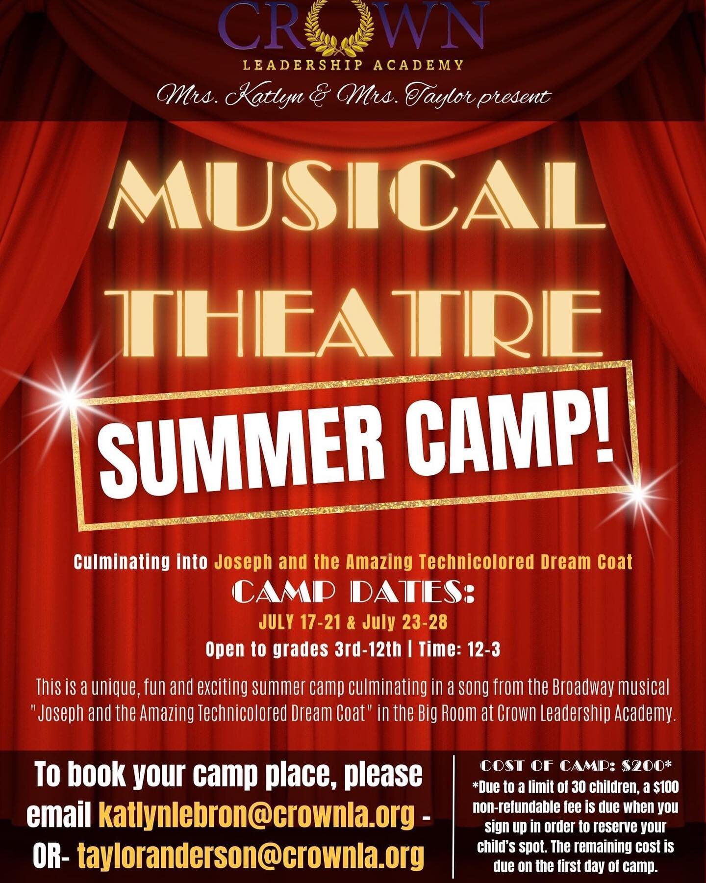 Looking for a Summer Camp? Check out this new Musical Threatre Camp with Mrs. Katlyn &amp; Mrs. Taylor! 

#CrownLeadership #MusicalTheatre #ChristianSchool #Charleston #Summer2023 #MtPleasantSc #Theatre
