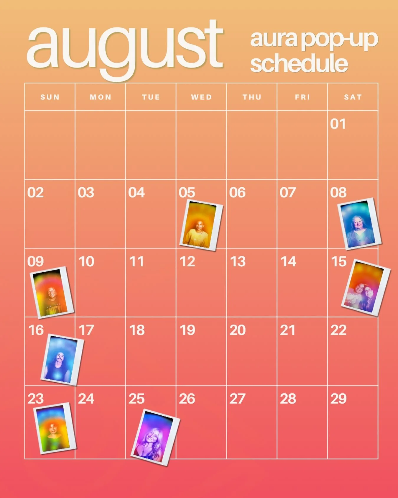 Believe it or not, August is riiiiiiight around the corner. If you&rsquo;re asking yourself &ldquo;How is summer almost over and I haven&rsquo;t gotten my aura portrait yet&rdquo; don&rsquo;t worry, here&rsquo;s where you can catch us before the seas