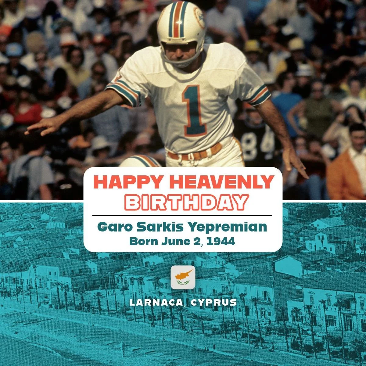 Happy heavenly birthday to Garo Yepremian! Born June 2, 1944, his golden foot and bigger heart still inspire us every day. 🏈✨ #GaroYepremian #HeavenlyBirthday