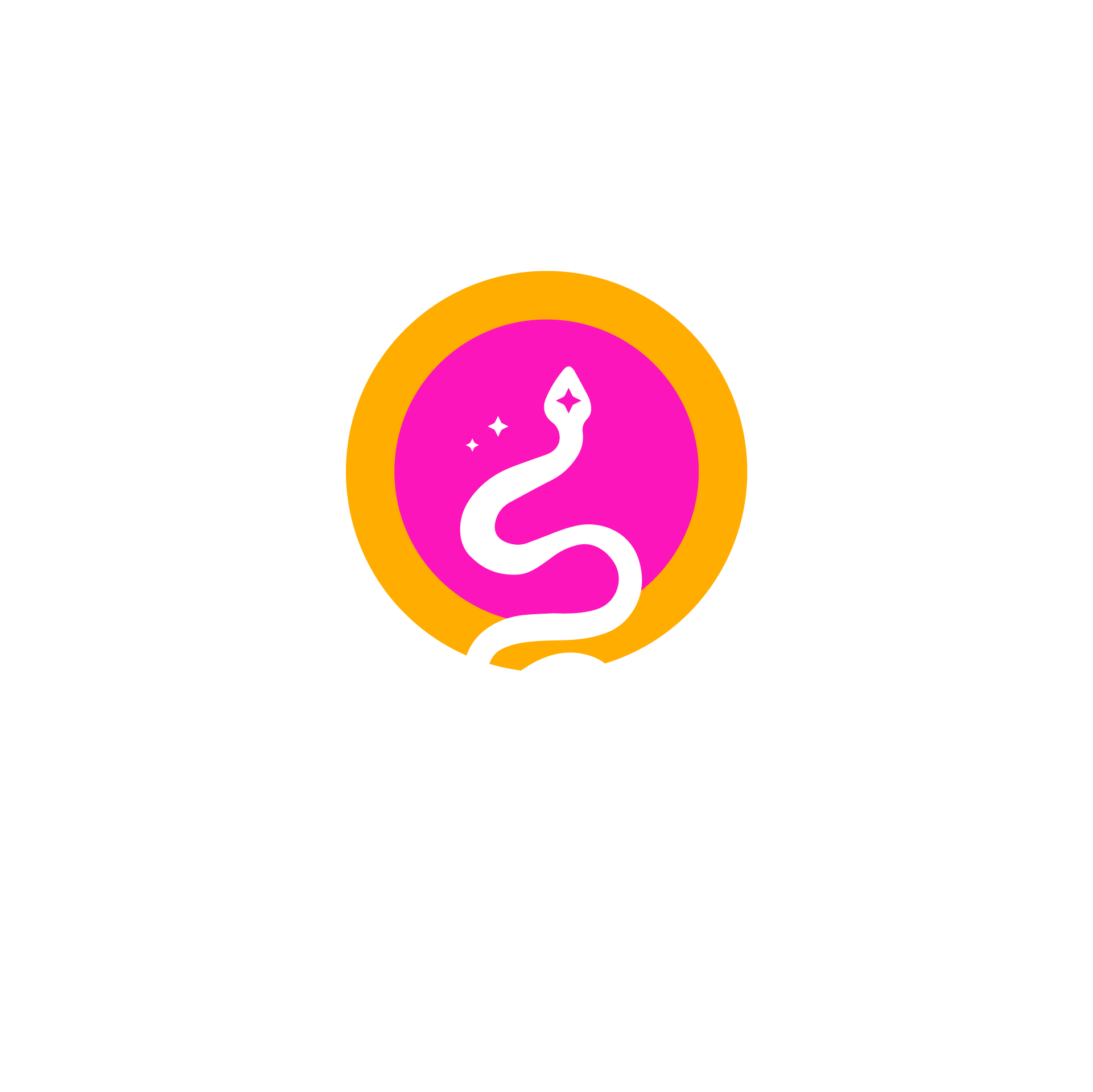 A colorful logo with a pink circle featuring a white stylized tail or snake with sparkles around it, surrounded by an orange ring, set against a black background.