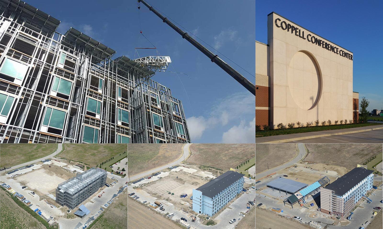 Collage of exterior views during construction