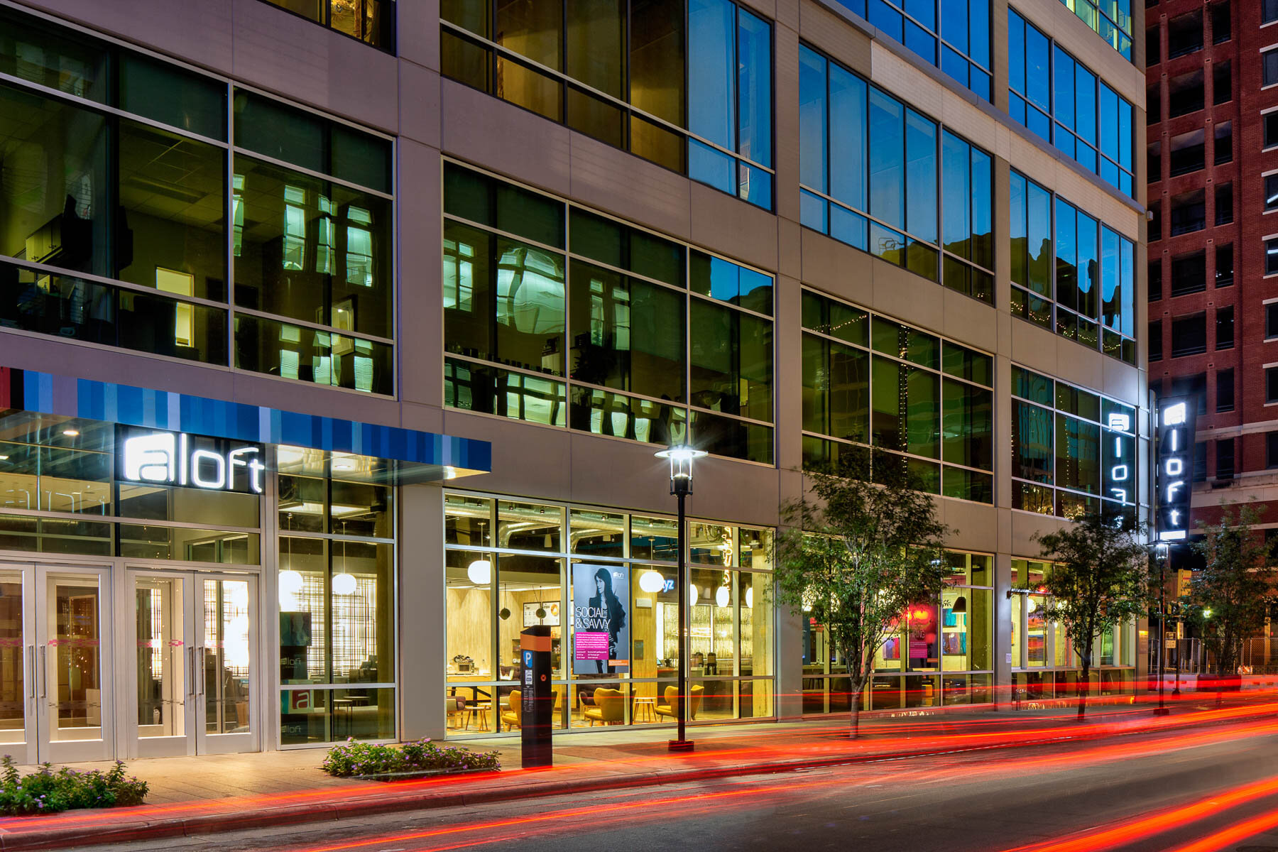 Building front street view at night