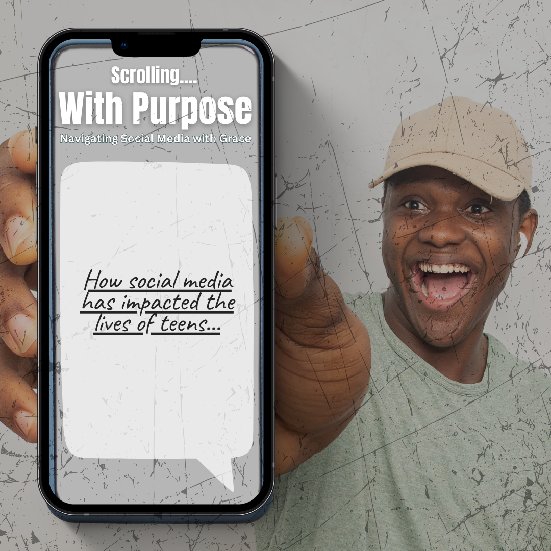 Smartphone screen with text "Scrolling... With Purpose: Navigating Social Media with Grace." Background shows a smiling person pointing at the camera.