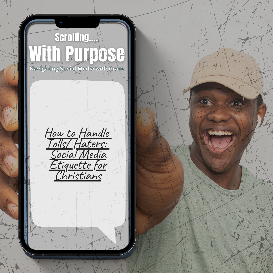 Smartphone screen displaying text "How to Handle Trolls/Haters: Social Media Etiquette for Christians" with a smiling person in the background, wearing a cap and earphones.