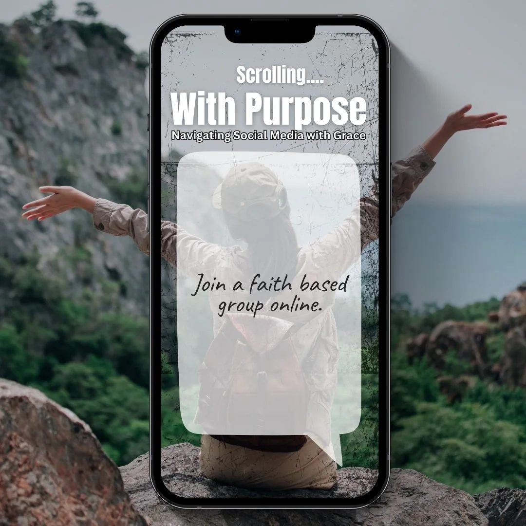Smartphone displaying text "Scrolling... With Purpose: Navigating Social Media with Grace" and "Join a faith based group online," superimposed over a person with arms raised on a rocky, outdoor background.