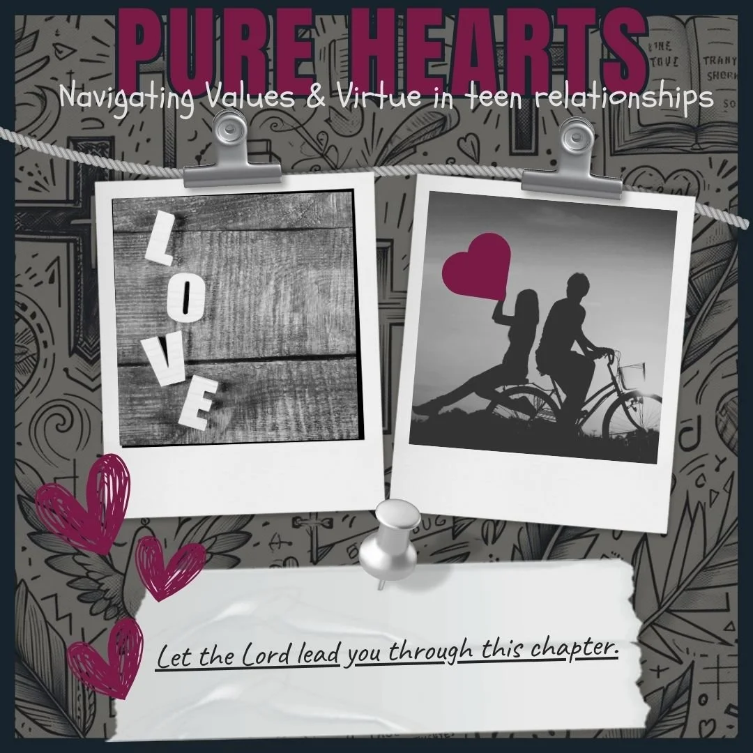 Promotional image for "Pure Hearts" showing the title and subtitle "Navigating Values & Virtue in Teen Relationships." Two Polaroid photos feature; one with the word "LOVE" and another with a silhouette of two people on a bicycle, one holding a heart