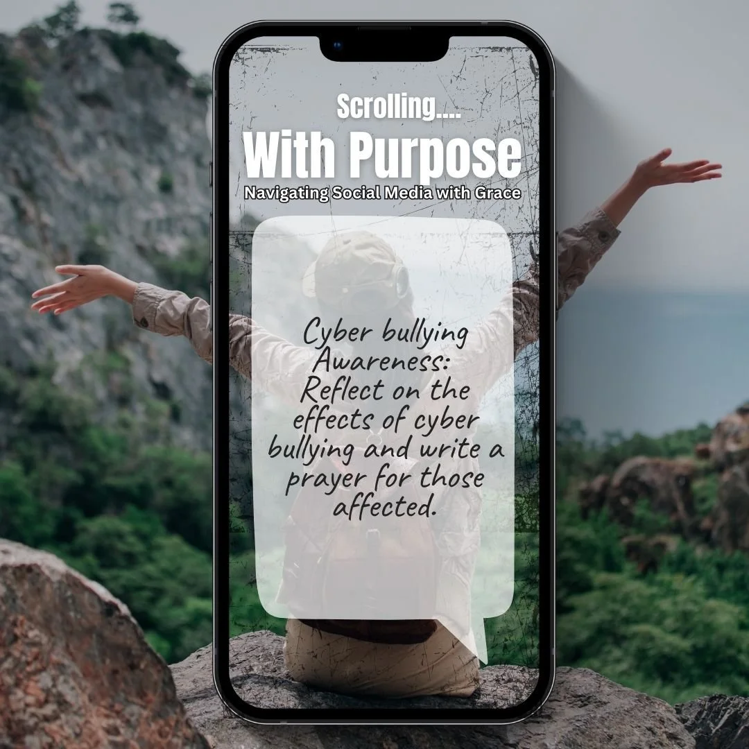 Phone screen featuring text on cyberbullying awareness overlaid on an outdoor nature scene with a person raising arms.