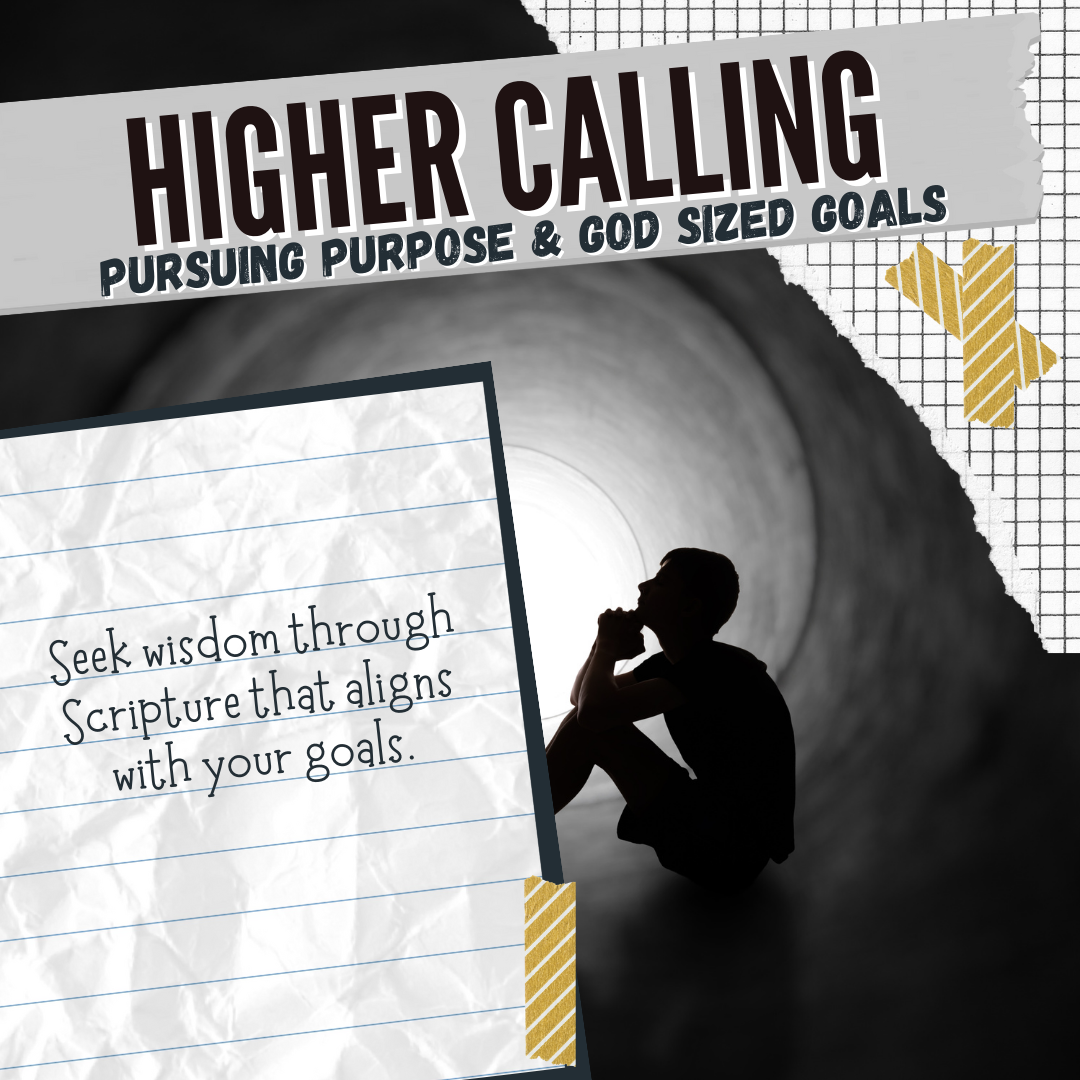 Silhouette of a person sitting in a tunnel with text: 'Higher Calling: Pursuing Purpose & God Sized Goals. Seek wisdom through Scripture that aligns with your goals.' Aligned with a torn paper collage style.