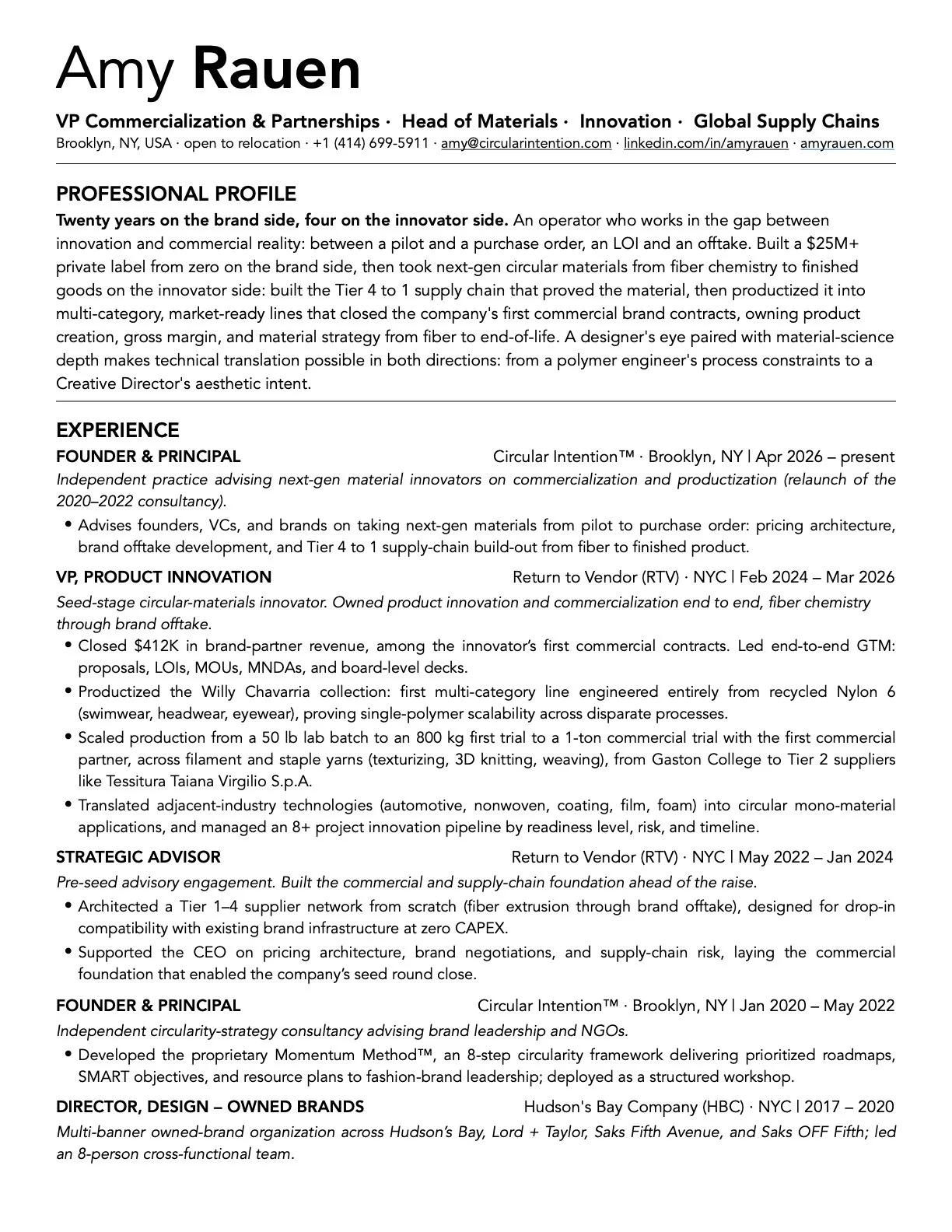 Resume of Amy Rauen, VP of Commercialization & Material Innovation Consultant specializing in circular textiles, next-gen material scaling, and supply chain architecture.