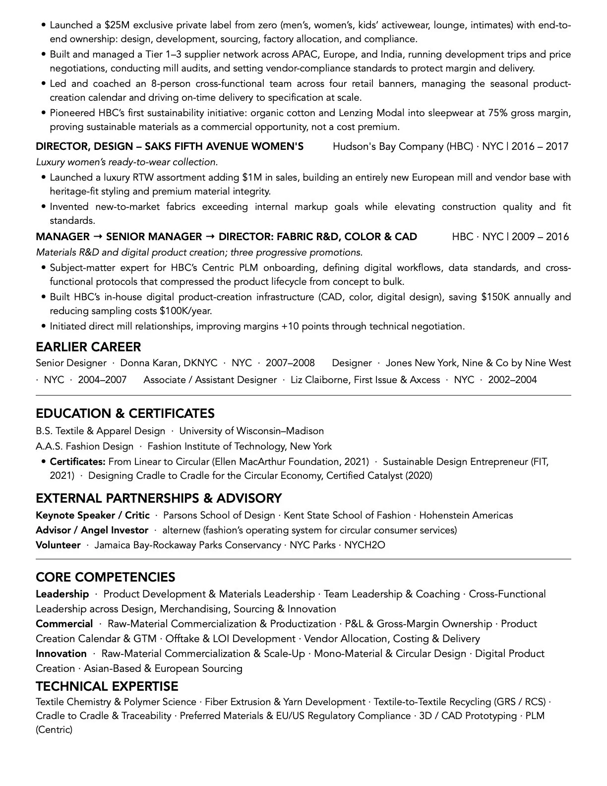 Detailed work history of Amy Rauen including leadership roles at Return To Vendor, Circular Intention, and Hudson's Bay Company (HBC).