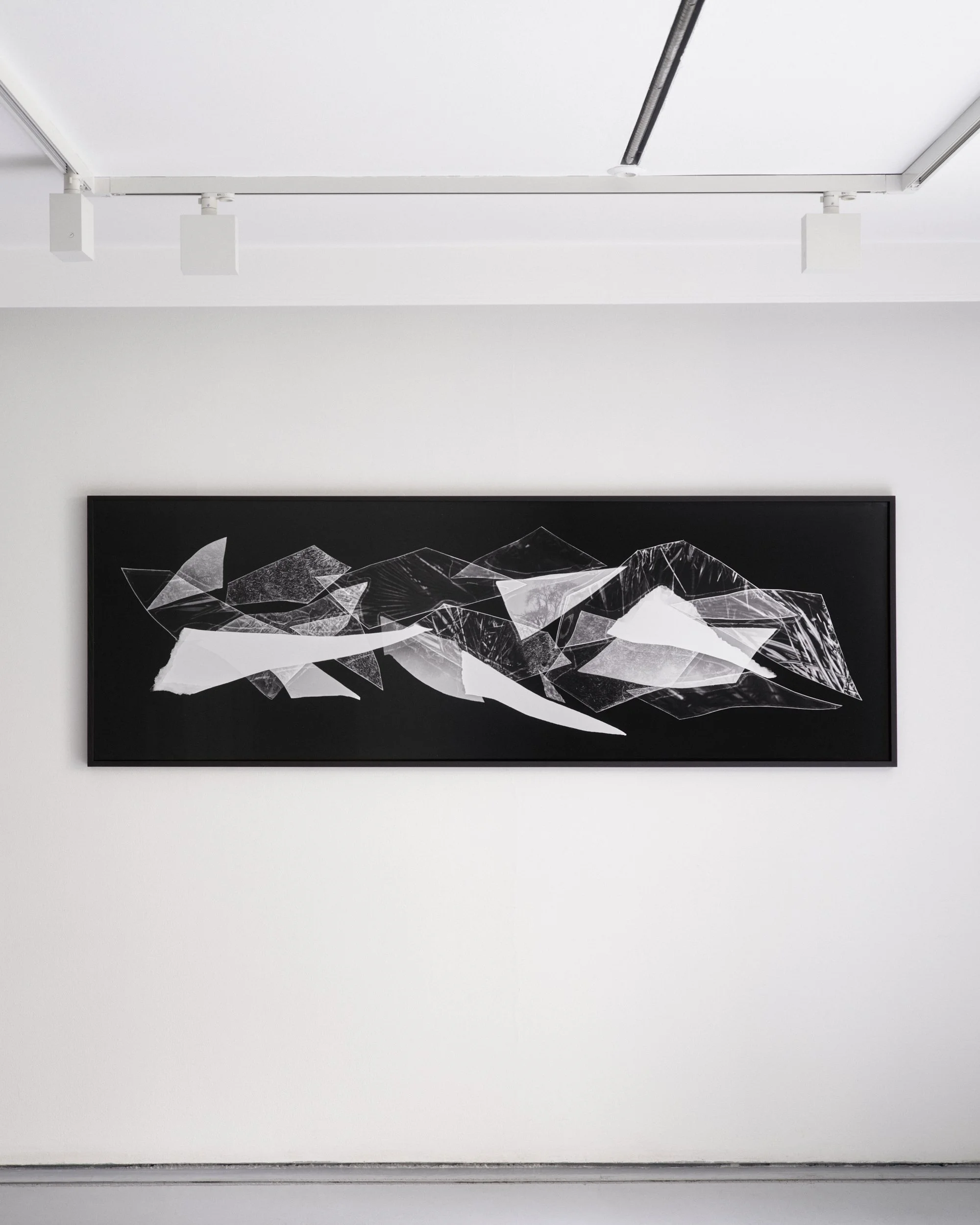 Modern artwork with geometric black and white patterns, displayed on a white gallery wall with track lighting above.