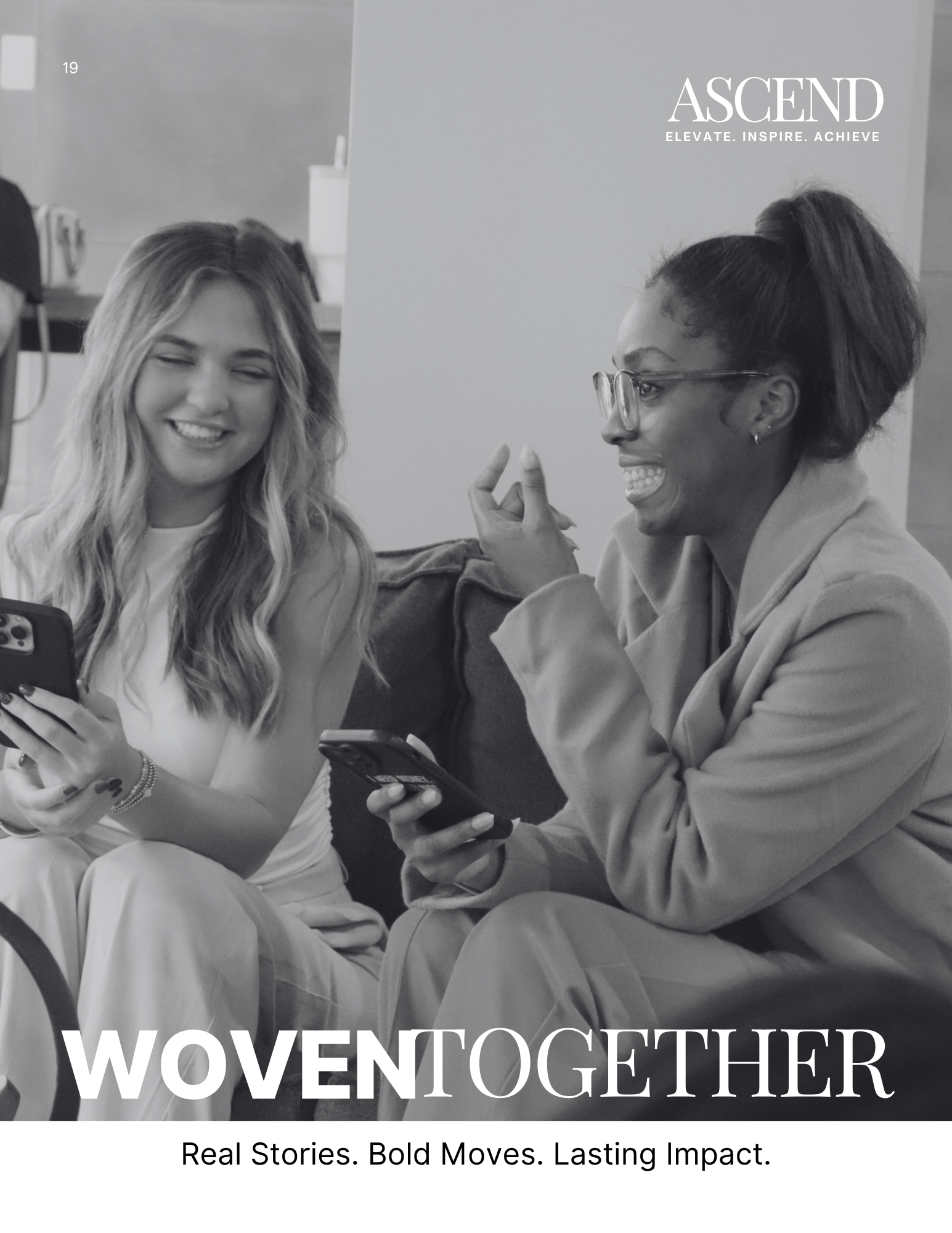 Visual break with black and white image of two women laughing and networking.