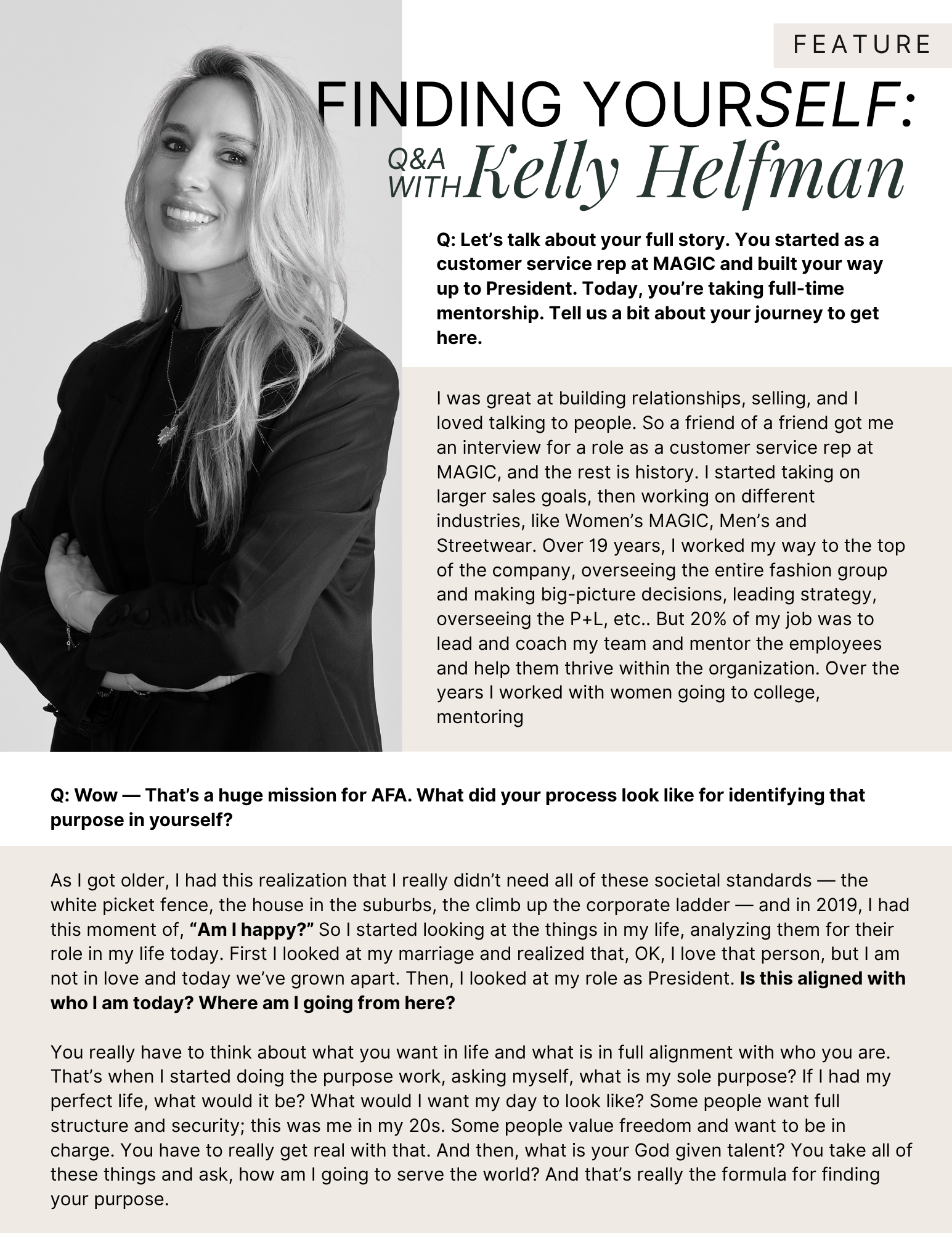 Page one of Kelly Helfman Q&A article, with black and white photo of her and two questions and answers variating in color.