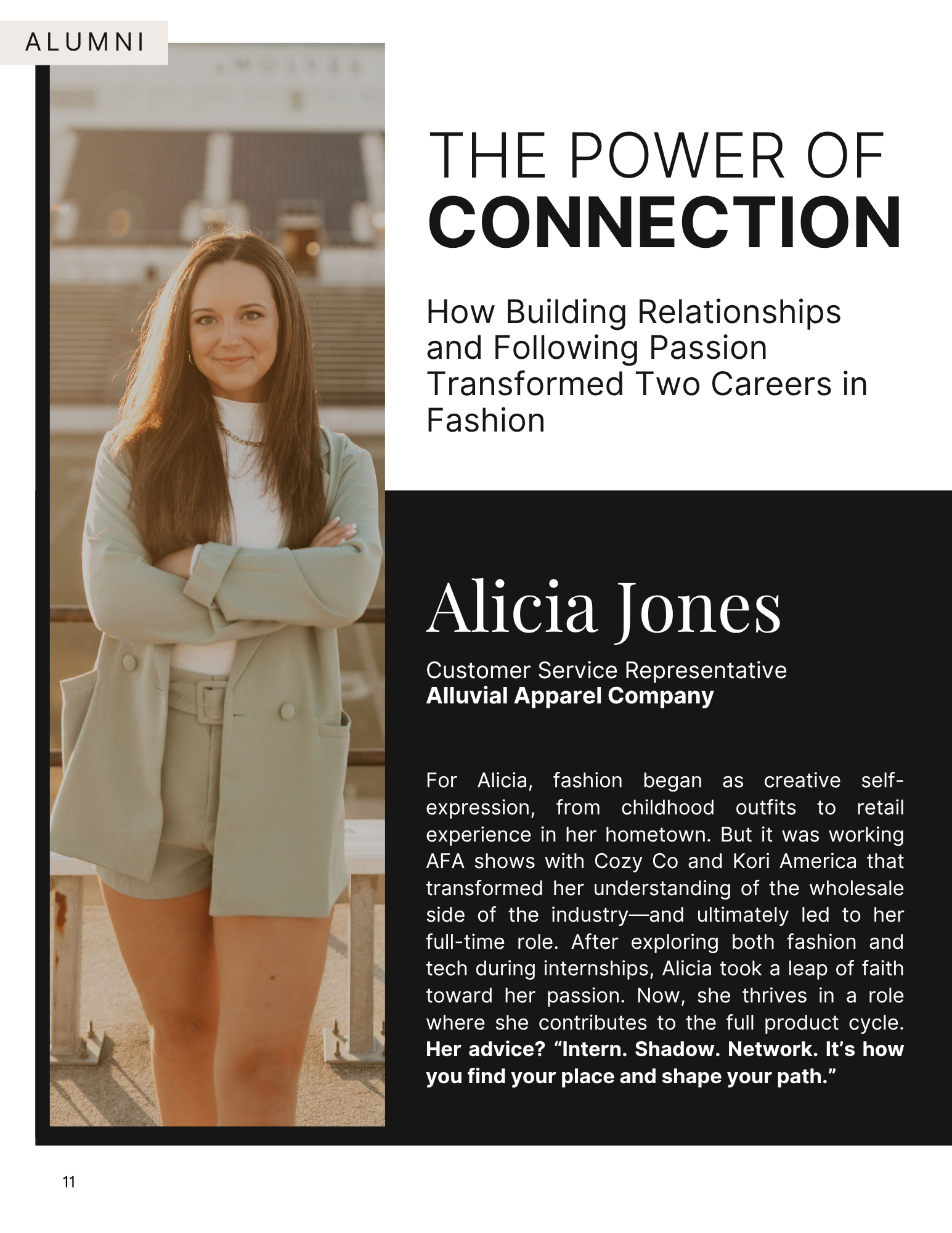 Article reading "How Building Relationships and Following Passion Transformed Two Careers in Fashion and Showing the first feature for Alicia Jones, with a left aligned image and info card about her experience.