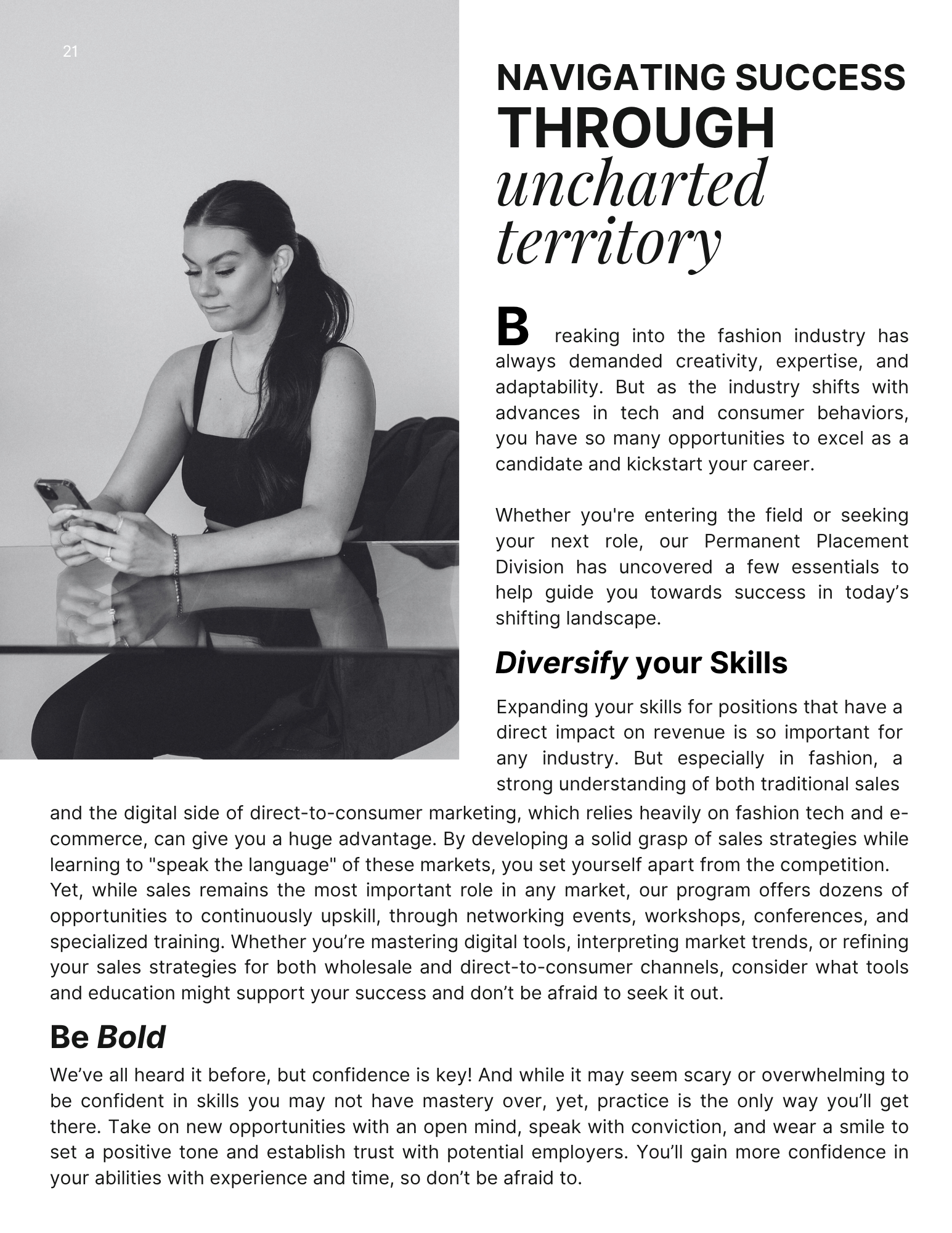 Brooke Hammer article, page one, with introductory paragraph and two sections: Diversify your Skills and Be Bold.