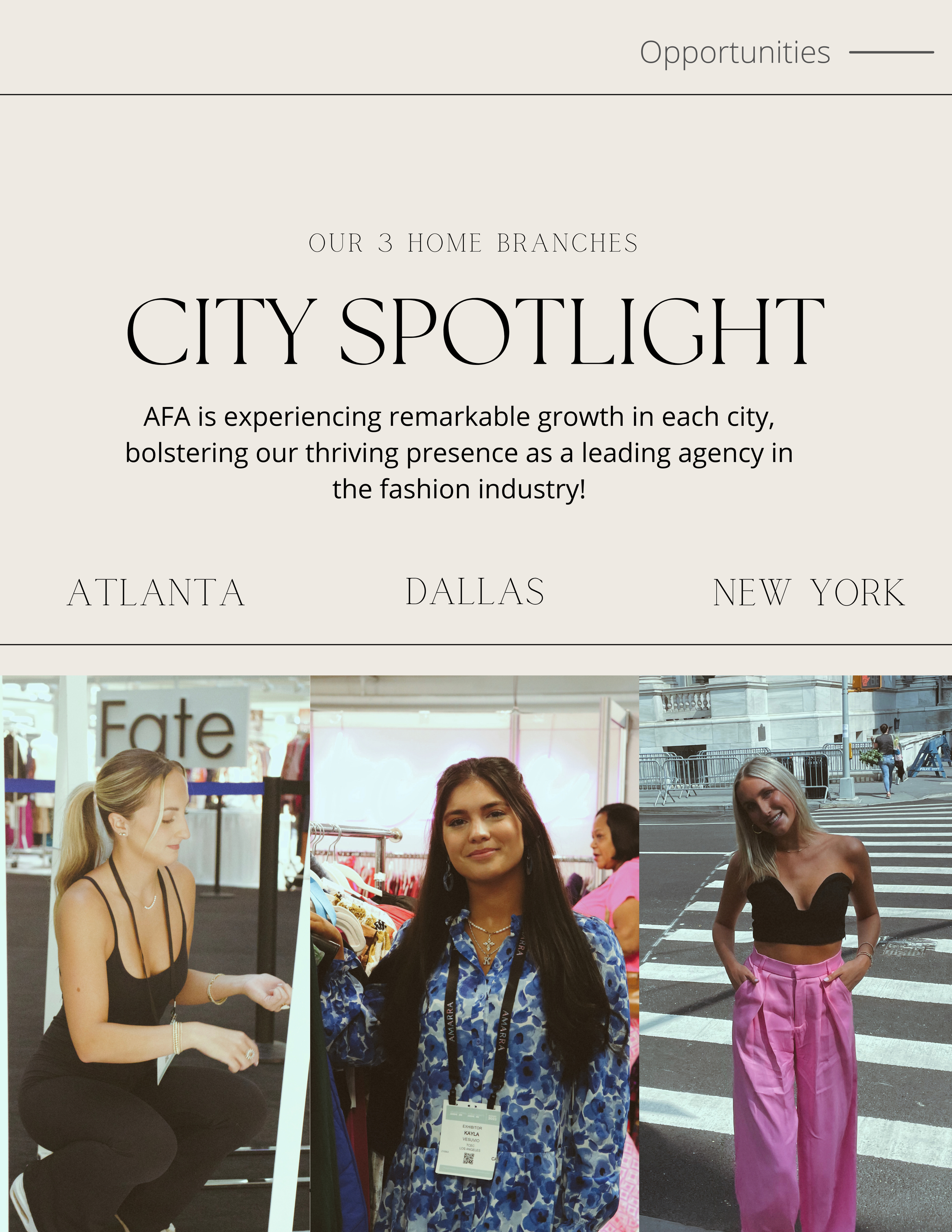 Magazine article introduction with three locations: Atlanta, Dallas, and New York. Page reads, "AFA is experiencing remarkable growth in each city, bolstering our thriving presence as a leading agency in the fashion industry!"
