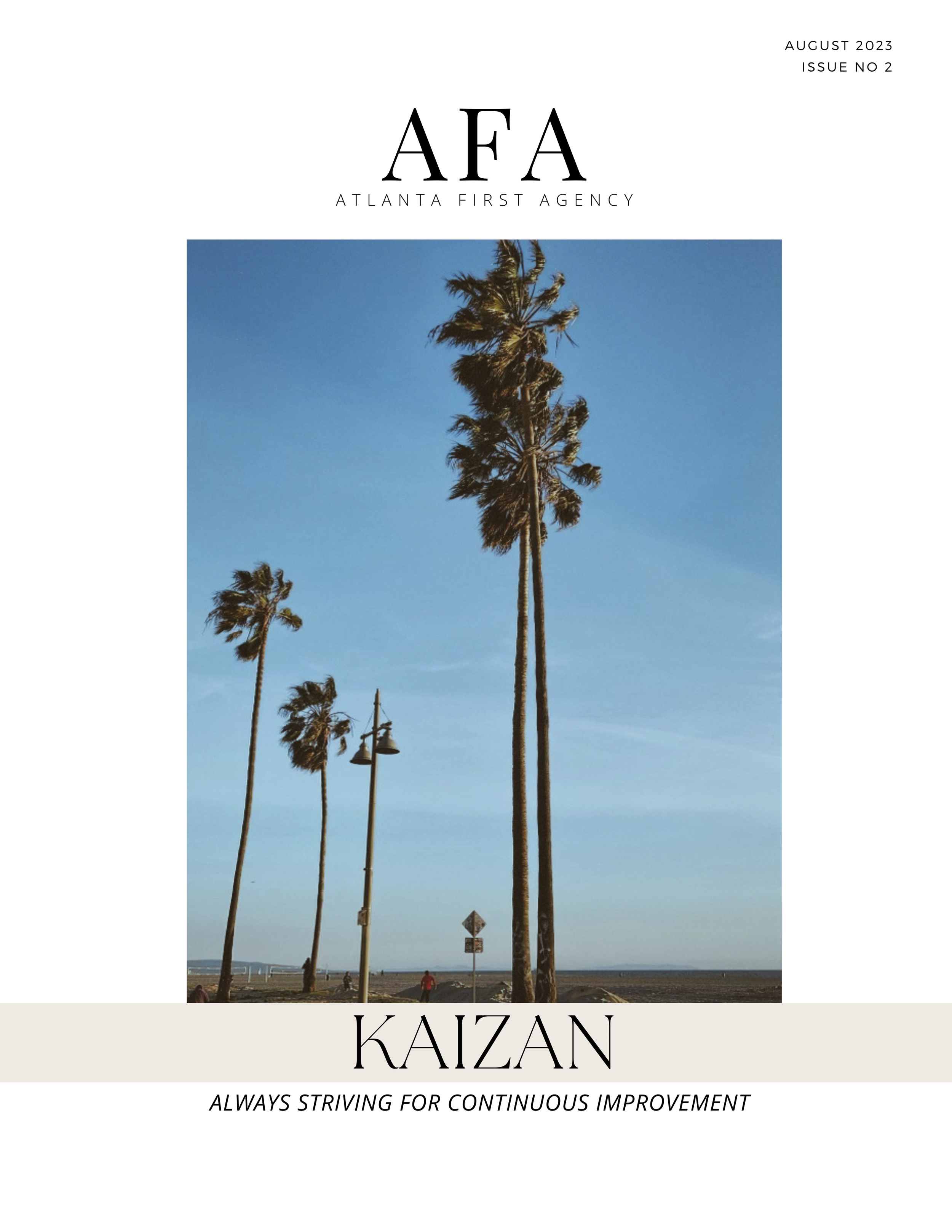 Last page of the AFA digital magazine, with the AFA logo and featuring an image of palm tress in LA.